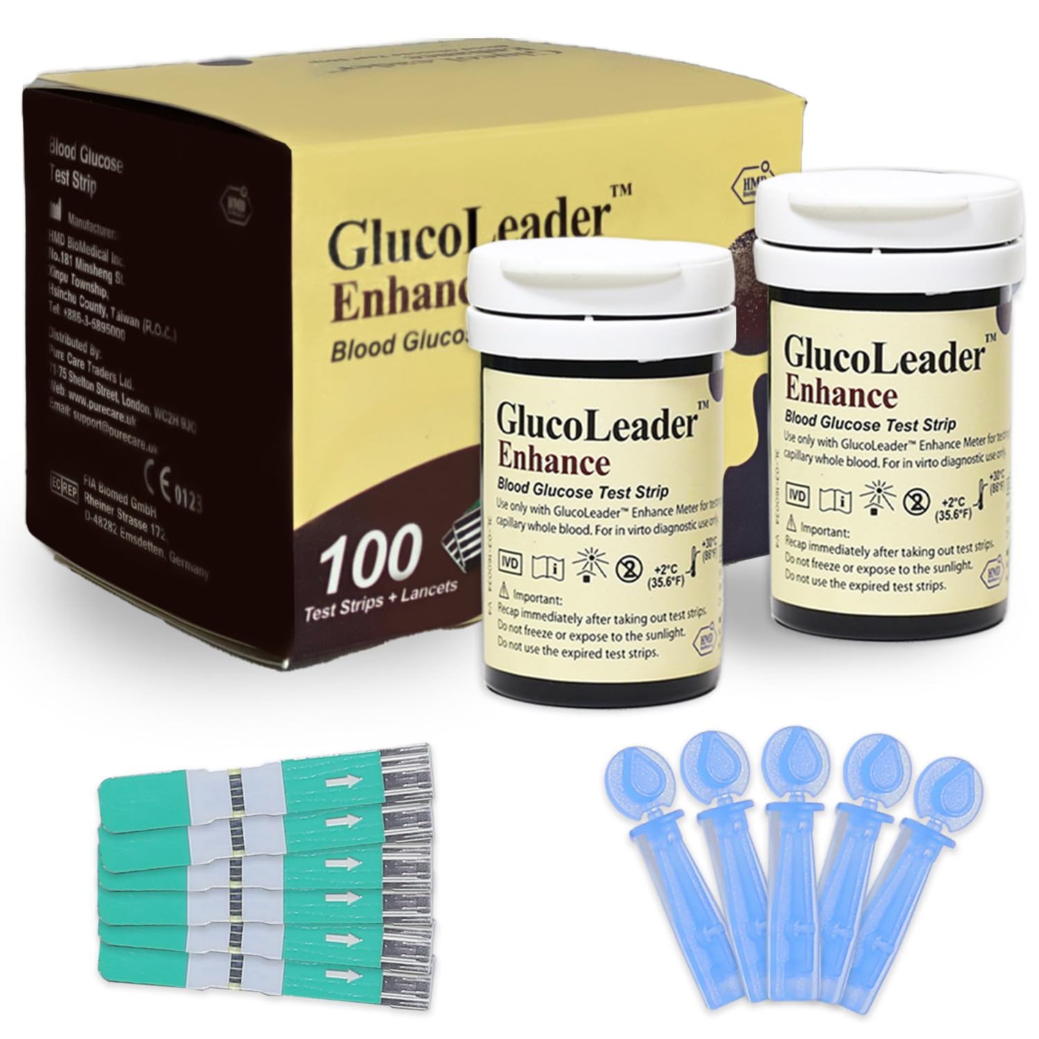 100 Test Strips & 100 Lancets for GlucoLeader Enhance Blood Sugar Monitor - Made in Taiwan - (Meter not Included).