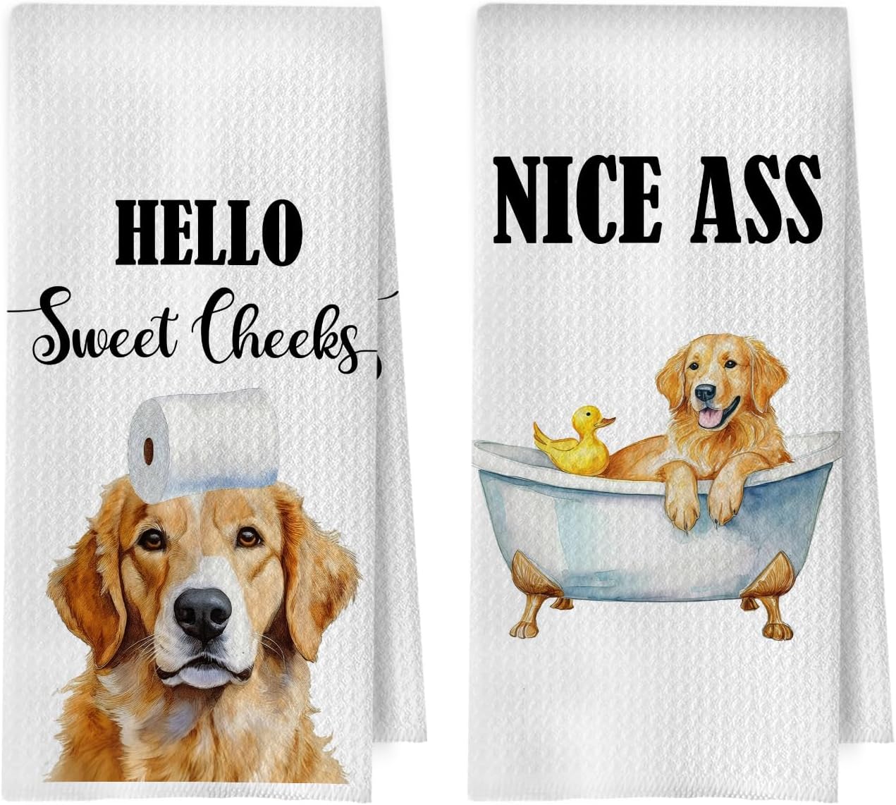 Golden Retriever Bathroom Towels - Funny Golden Retriever Decorative Waffle Weave Hand Towels for Toilet Bathroom, 16×24 Inches Set of 2