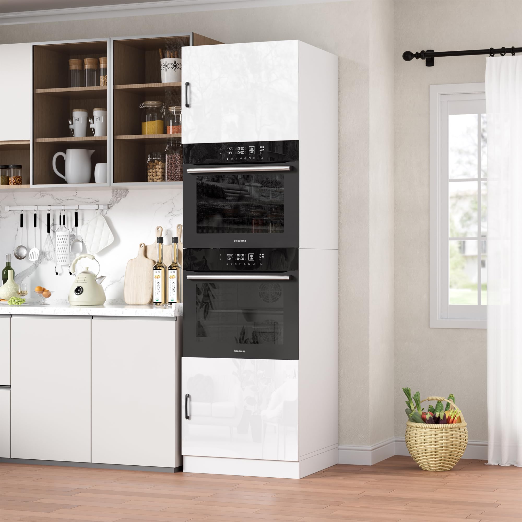 MSFE Colonne four et Micro Onde Encastrable,Armoire Micro-ondes 60x57.2x207cm,Armoire de Cuisine avec Étagère,Meuble de Rangement Salle à Manger Maison Intérieur,Blanc Très Brillant,Expédié en 2 Colis
