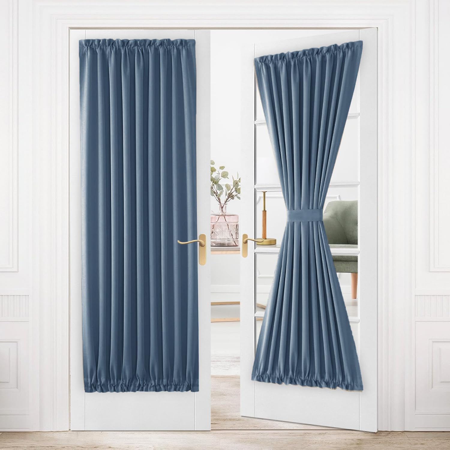 DWCN French Door Curtains – Rod Pocket Thermal Blackout Curtain for Window/Patio Doors/Doorways/Classroom/Kitchen for Privacy, 36W by 80L Inches, 1 Panel with Tieback, Dusty Blue — image 1