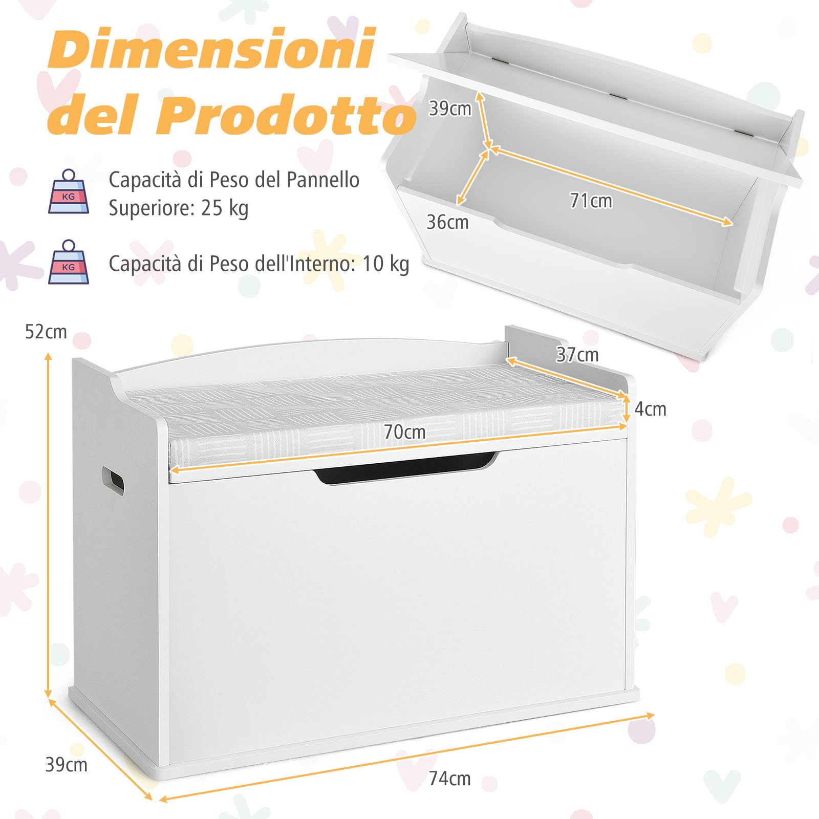GYMAX Scatola Porta Giochi in Legno, Contenitore per Giocattoli con Coperchio Sollevabile, Panchina con Cuscino, Grande Capacità, Maniglie Incorporate, 74 x 39 x 52 cm (Bianco)