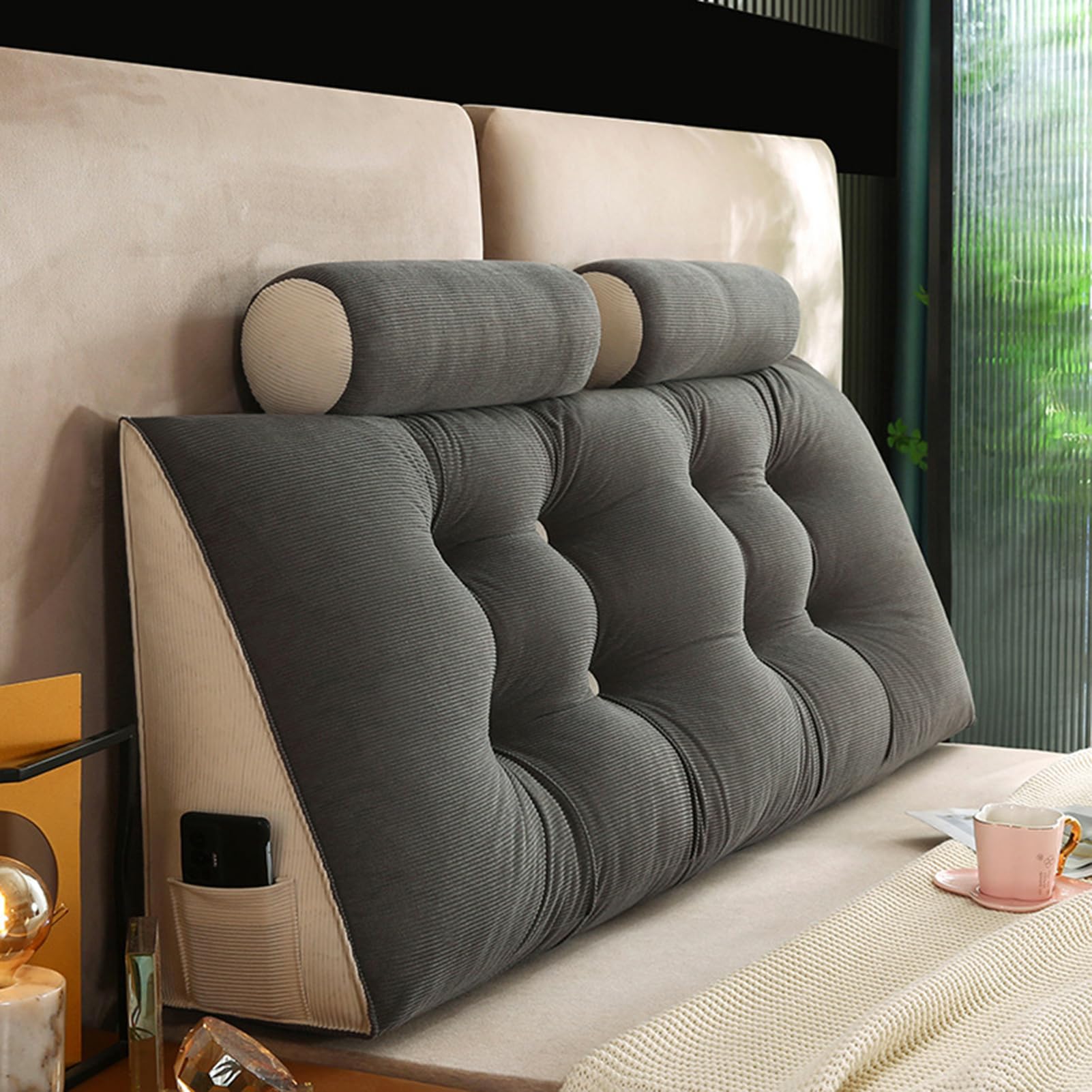 Keilkissen Lang Rückenkissen für Bett: Bequemes Lesekissen Abnehmbar Sofa Lendenkissen Dreieckiges Hohen Rückenlehne Kissen mit Nackenstützkissen (Dark Gray, 150 * 50 * 20cm)
