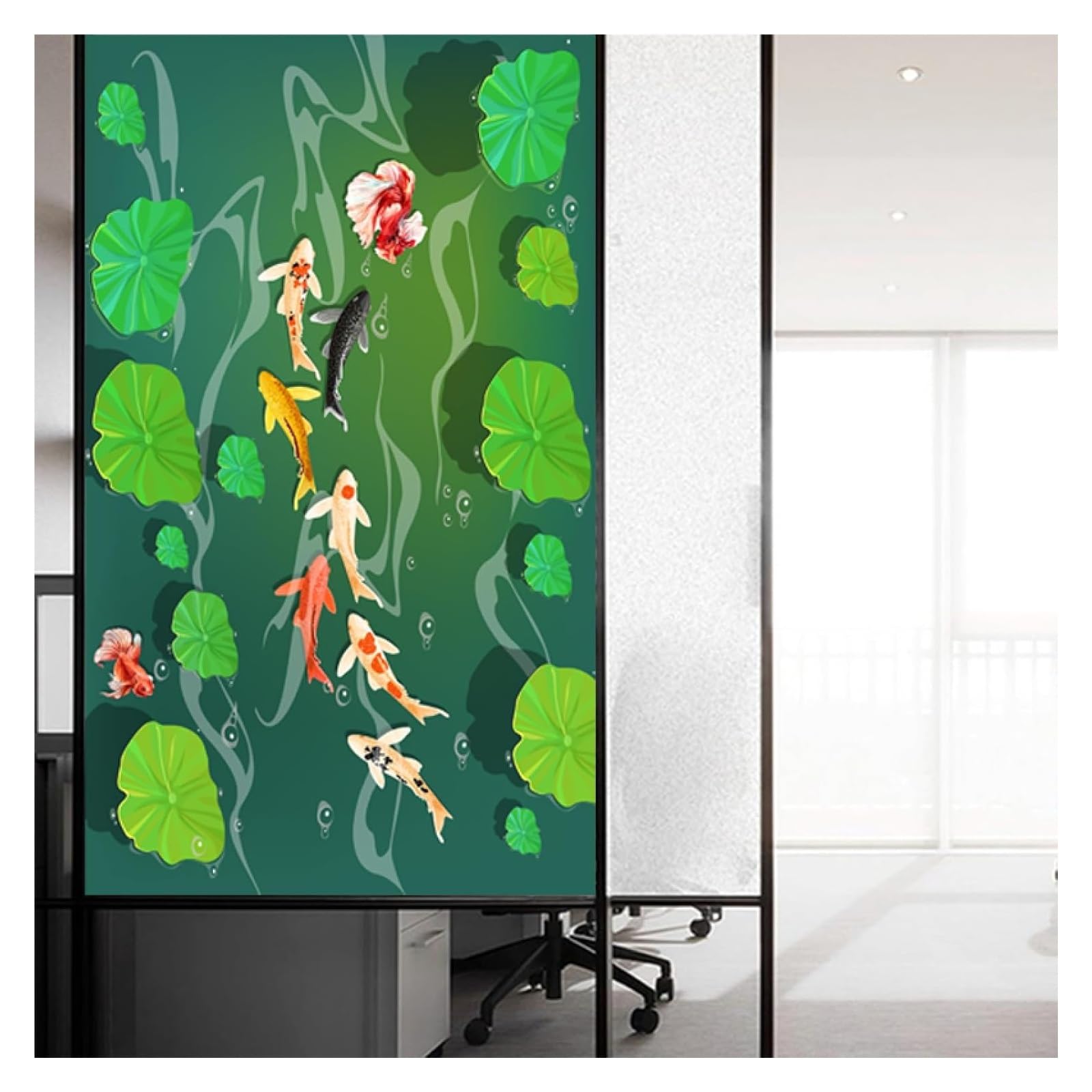 window film， Lotus Leaf Koi Green Privacy for Glass Windows No Glue Static Frosted Window Opaque for Home Films(60x200cm)