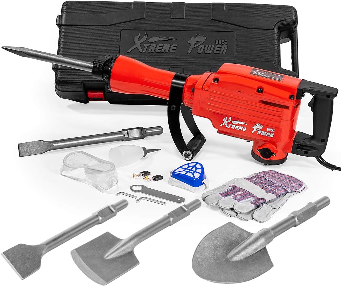XtremepowerUS 2200W Electric Demolition Jack Hammer Concrete Floor Demo Breaker Cement Breaker Drill DIY Tool Remodel 5PCS Bull Point, Flat Chisel, Clay Spade, Scraping, Asphalt Chisel Set