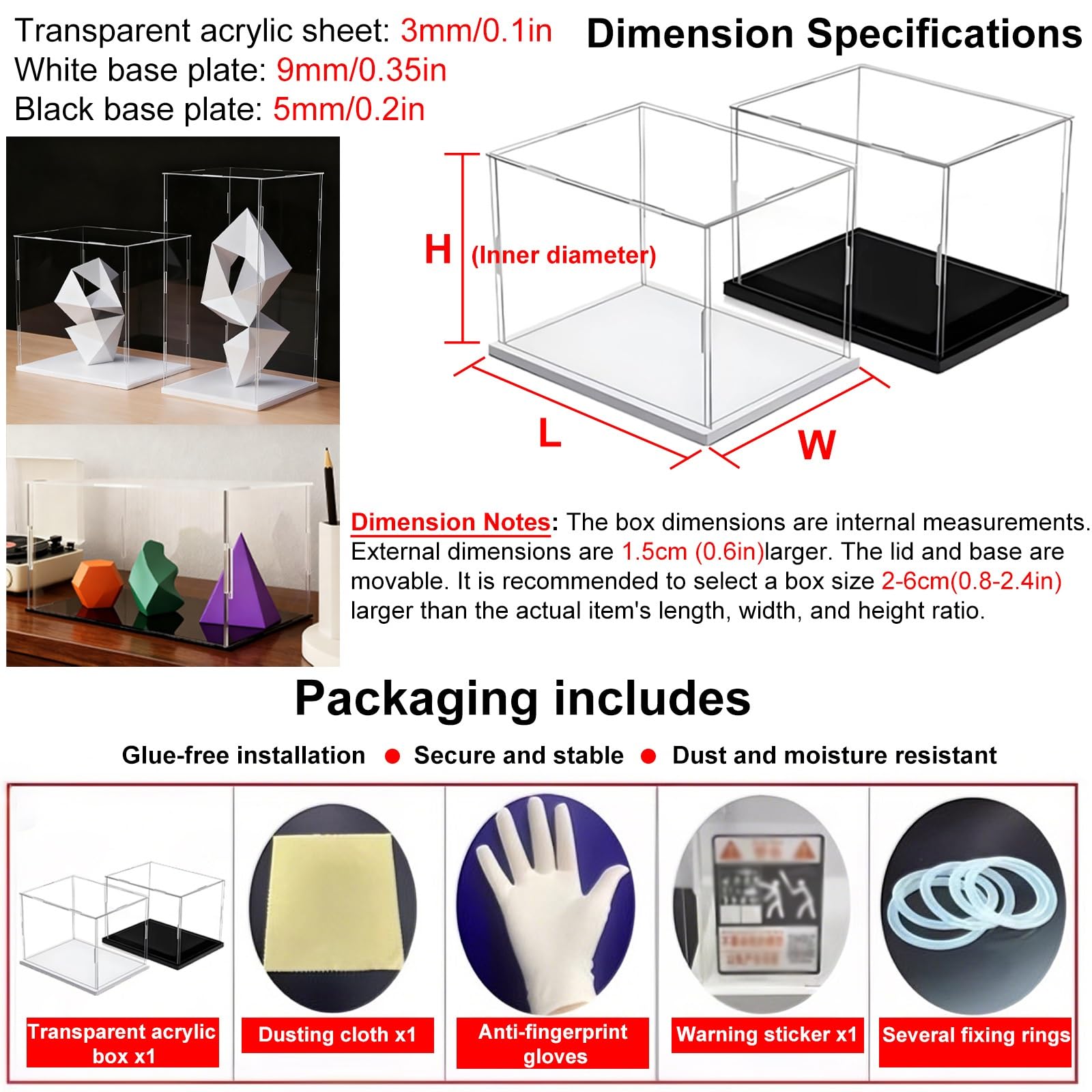 ROFBIHG Teca Plexiglass duży przezroczysty akrylowy stojak ekspozycyjny, plastikowy prostokątny wyświetlacz, wzmocniony samodzielny gablot, do figurek, zabawek, przedmiotów kolekcjonerskich (biały