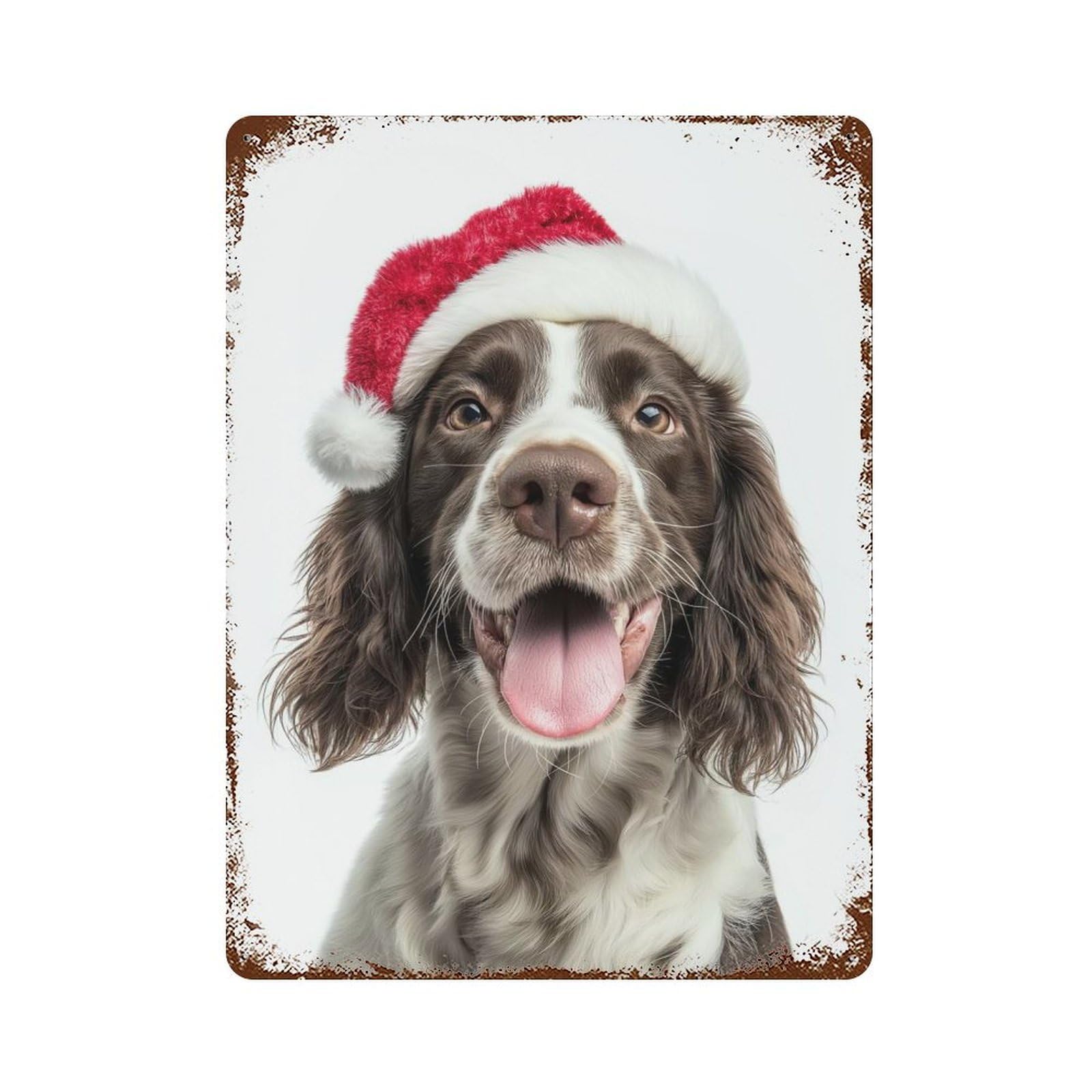 Vintage Rust Metal Sign English Springer Spaniel Dog with Santa Hat Portrait 15.7"x11.8", Shabby Chic Decor for Cafe, Home Bar And Lounge Decor