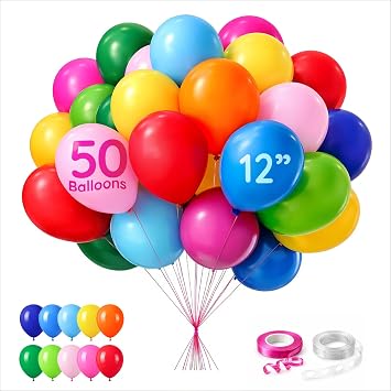 ZENO Multicolor Balloons 50pcs 12 Inch Helium Grade Latex Balloons with Ribbon & Balloon Chain Party Balloons for Birthday, Kids Party & Celebrations