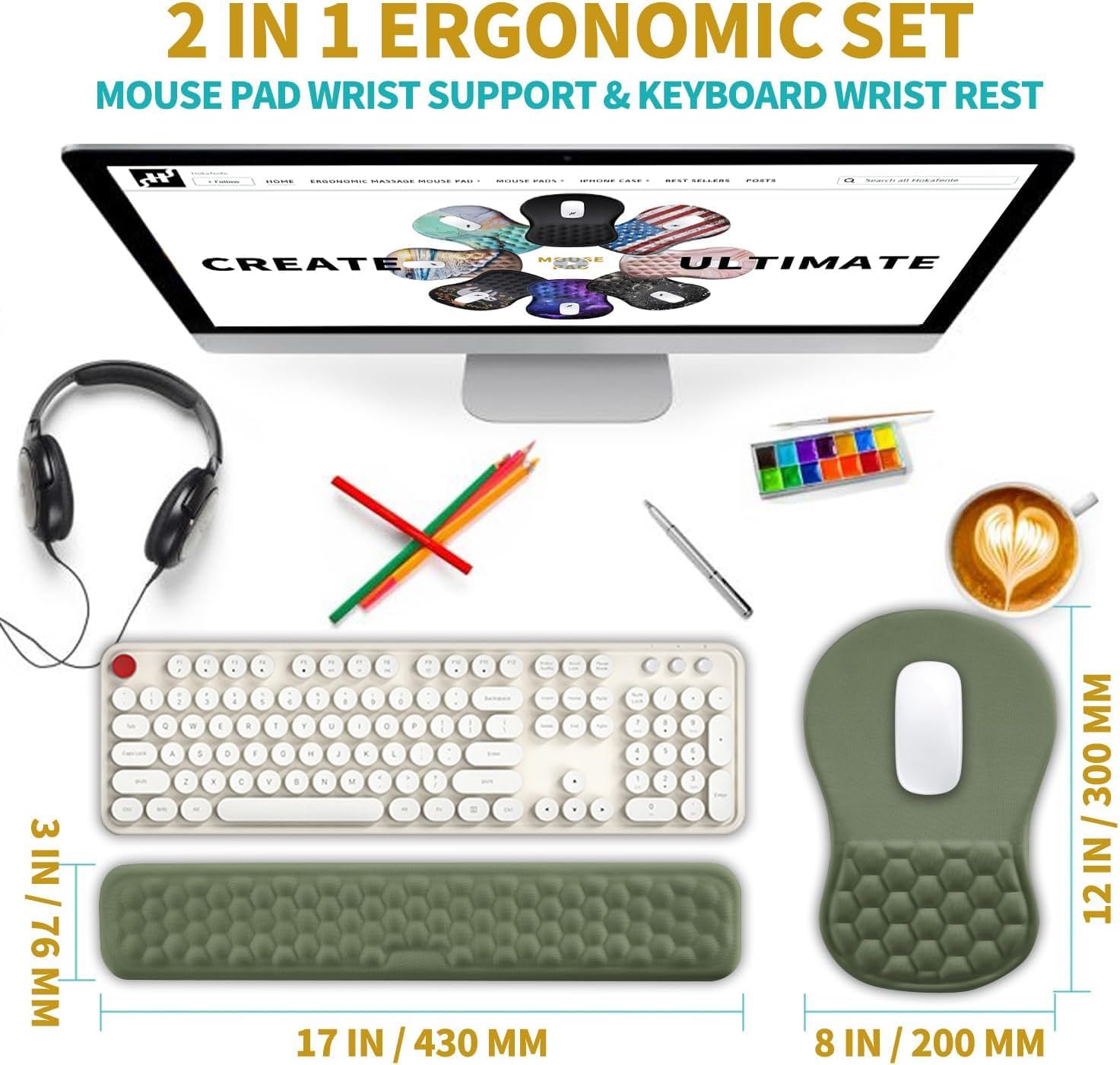 Hokafenle 2 in 1 Ergonomic Mouse Pad Wrist Support & Wrist Rest for Computer Keyboard Set, with Relieve Carpal Tunnel Pain Massage Bulge and Full Memory Gel Design (2In1 Set, Dark Green) - Image 2