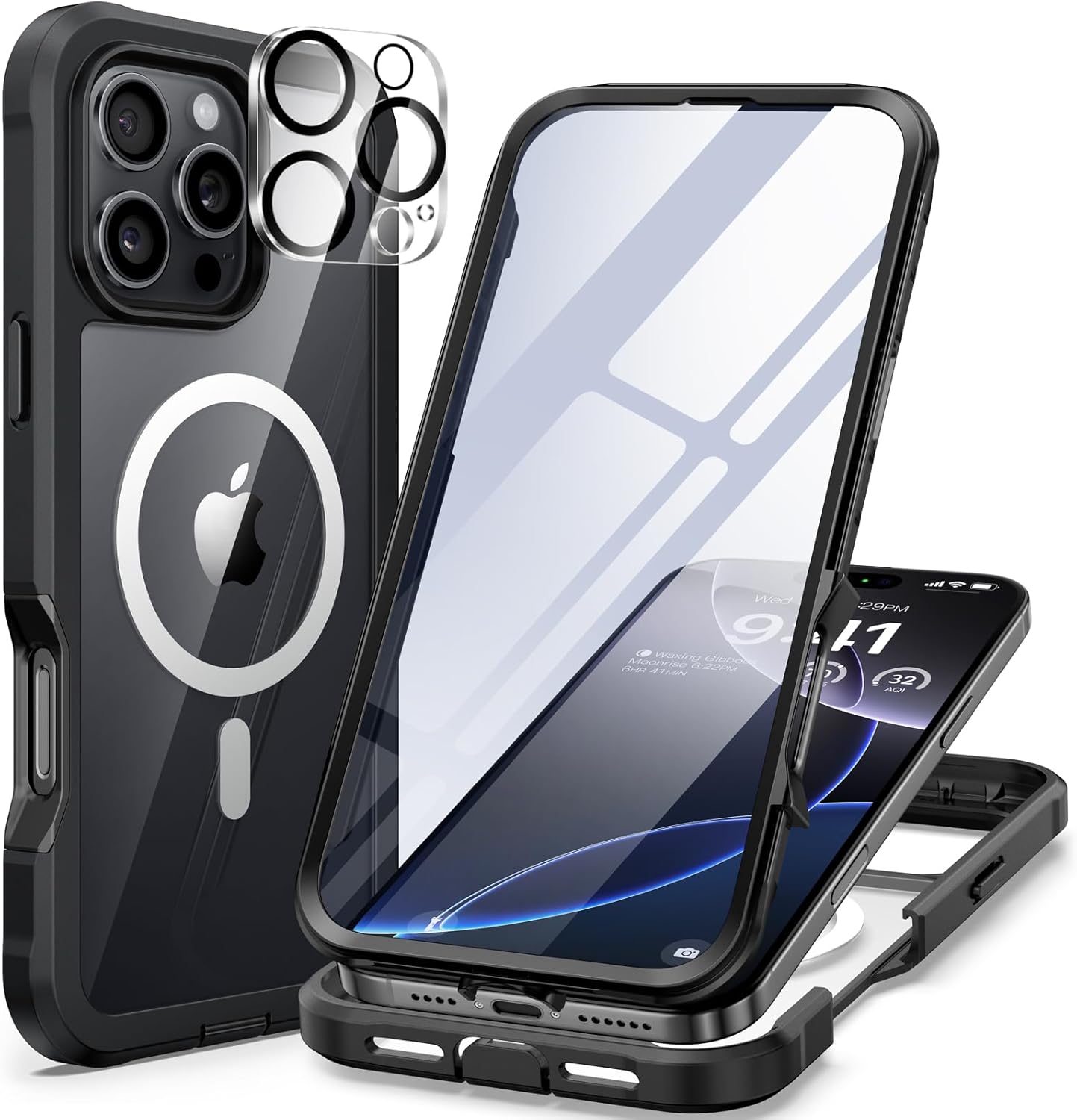 seacosmo for iPhone 16 Pro Max Case, Full Body Bumper with Built-in 9H Tempered Glass Screen and Camera Lens Protector, Compatible with MagSafe, Shockproof 16 Pro Max Phone Case, 6.9", Black