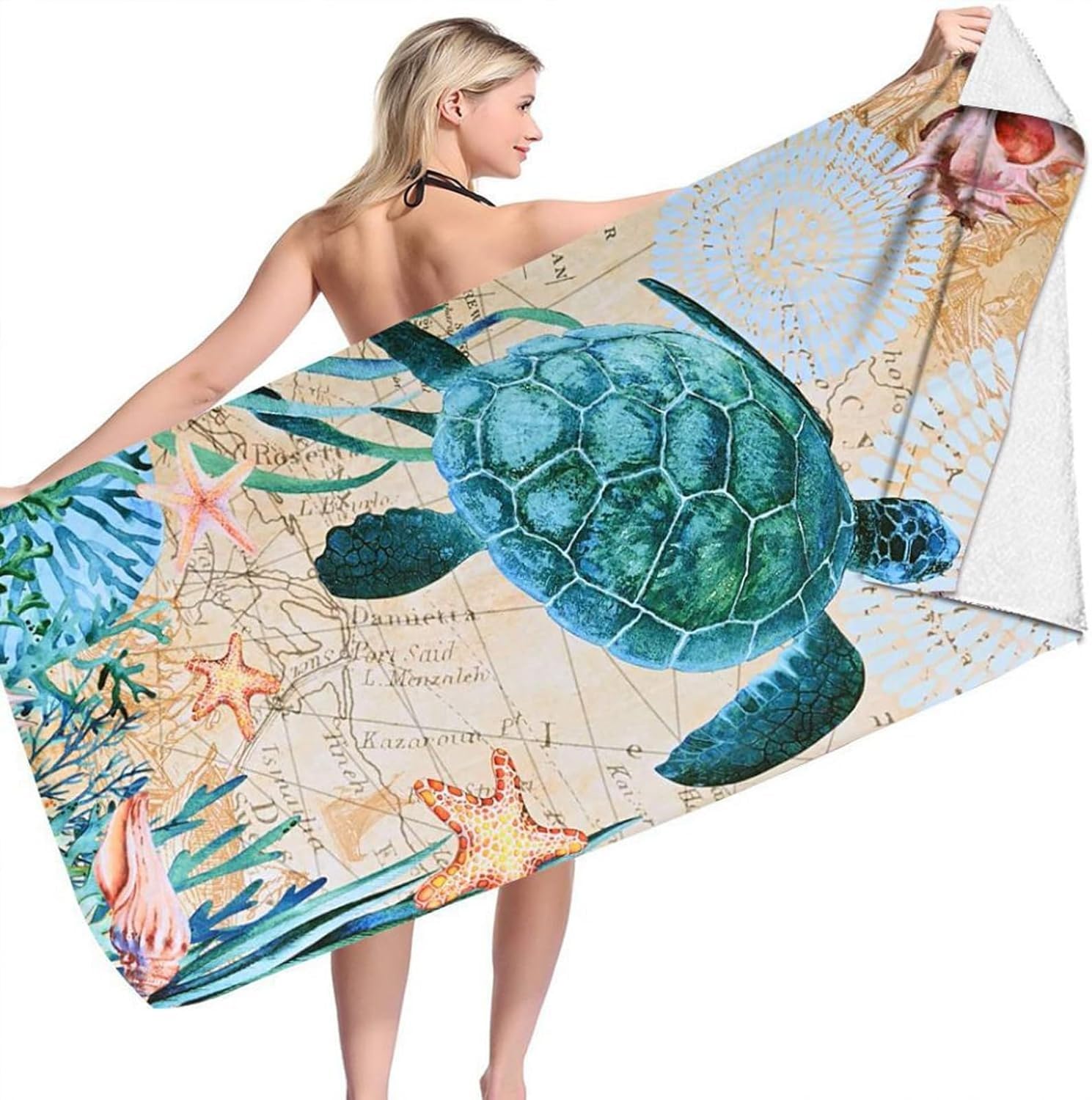 YZQGLHP Starfish Microfibre Beach Towel Sea Turtle Beach Bath Towel Quick Drying, Lightweight, Sand-Free, Durable, for Pool, Gym, Camping, Travel Towel 80x180cm