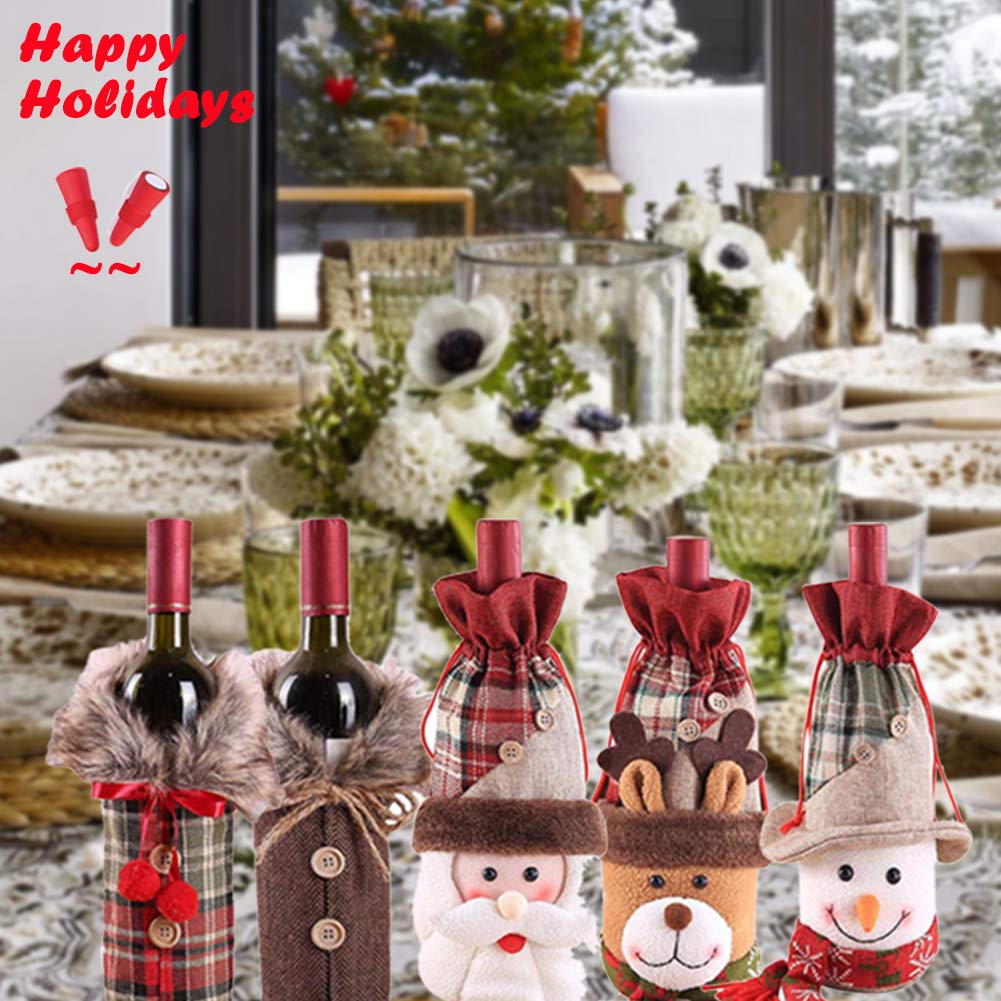 Wine Accessory Set of 7 for Holiday Christmas Gift Wine Bottle beer bottle Decor: Checkers/herringbone Bags with Faux Fur Collar Santa Clause, Snowman Reindeer Drawstring Bottle Stoppers Silicone