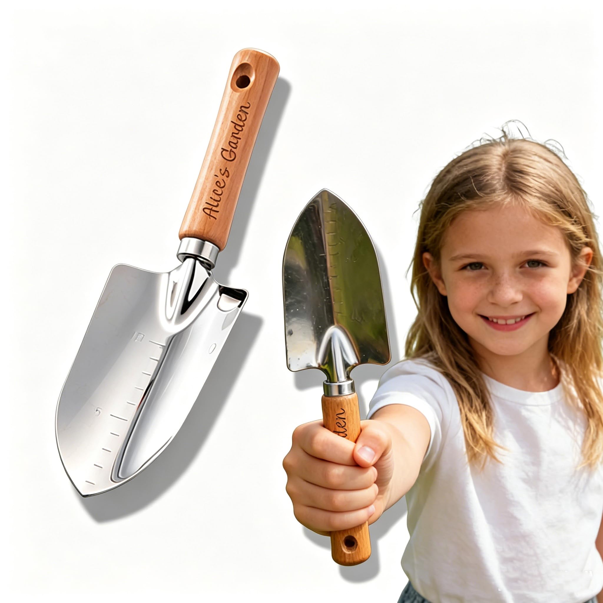 Personalised Garden Trowel with Engraved Name – Stainless Steel Planting Shovel, Wooden Handle Multipurpose Digging Tool, Custom Spade, Gift for Mum Dad on Mother's or Father's Birthday (A)