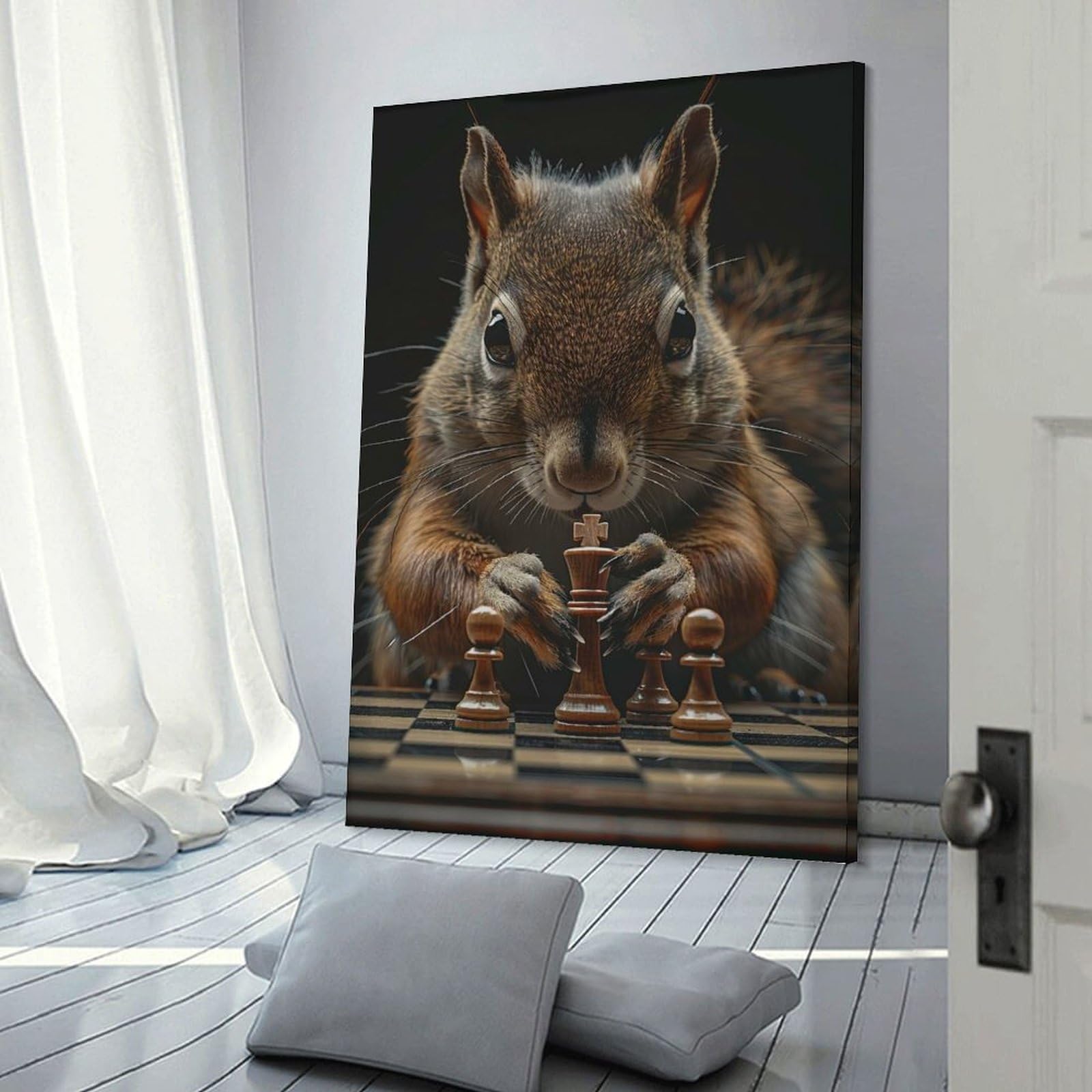 Junmoney Squirrel Chess Canvas Wall Picture, 24x36inch(60x90cm), for Wall Displays, Bedrooms Or Room Updates, Wall Decor Suited to Curated Displays