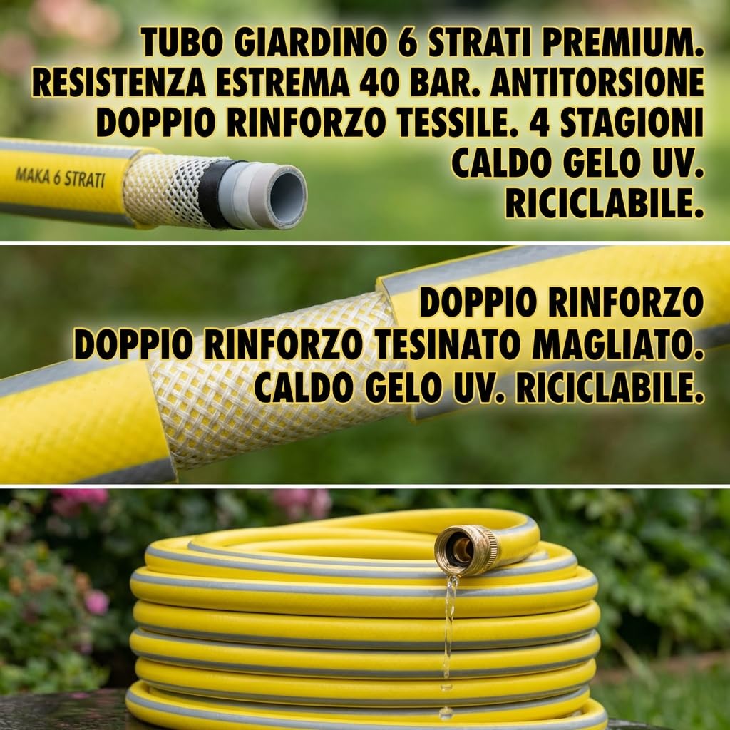 MAKA Tubo Acqua Giardino 3/4 Pollice 50 metri 6 Strati 19mm Pressione 40 Bar Flessibile con Doppio Rinforzo Tessile Retinato Magliato Antitorsione Resiste a Caldo Gelo UV 4 Stagioni Riciclabile (50)