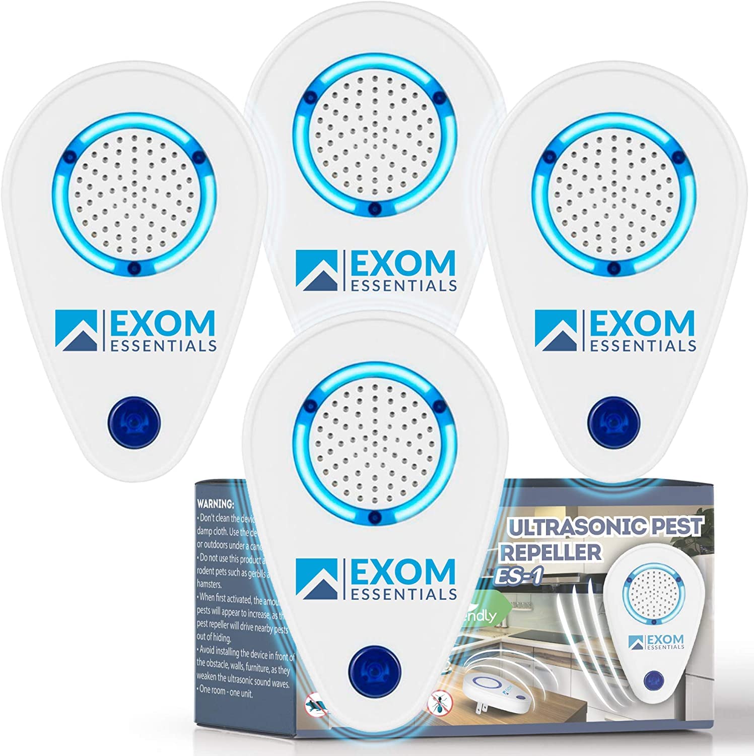 ES-1, Ultrasonic Pest Repeller - Electronic & Ultrasound, Indoor Plug-in Repellent - Get rid of - Rodents, Mice, Squirrels, Bats, Insects, Bed Bugs, Ants, Fleas, Spiders, Roaches (White Blue, 4Pack)