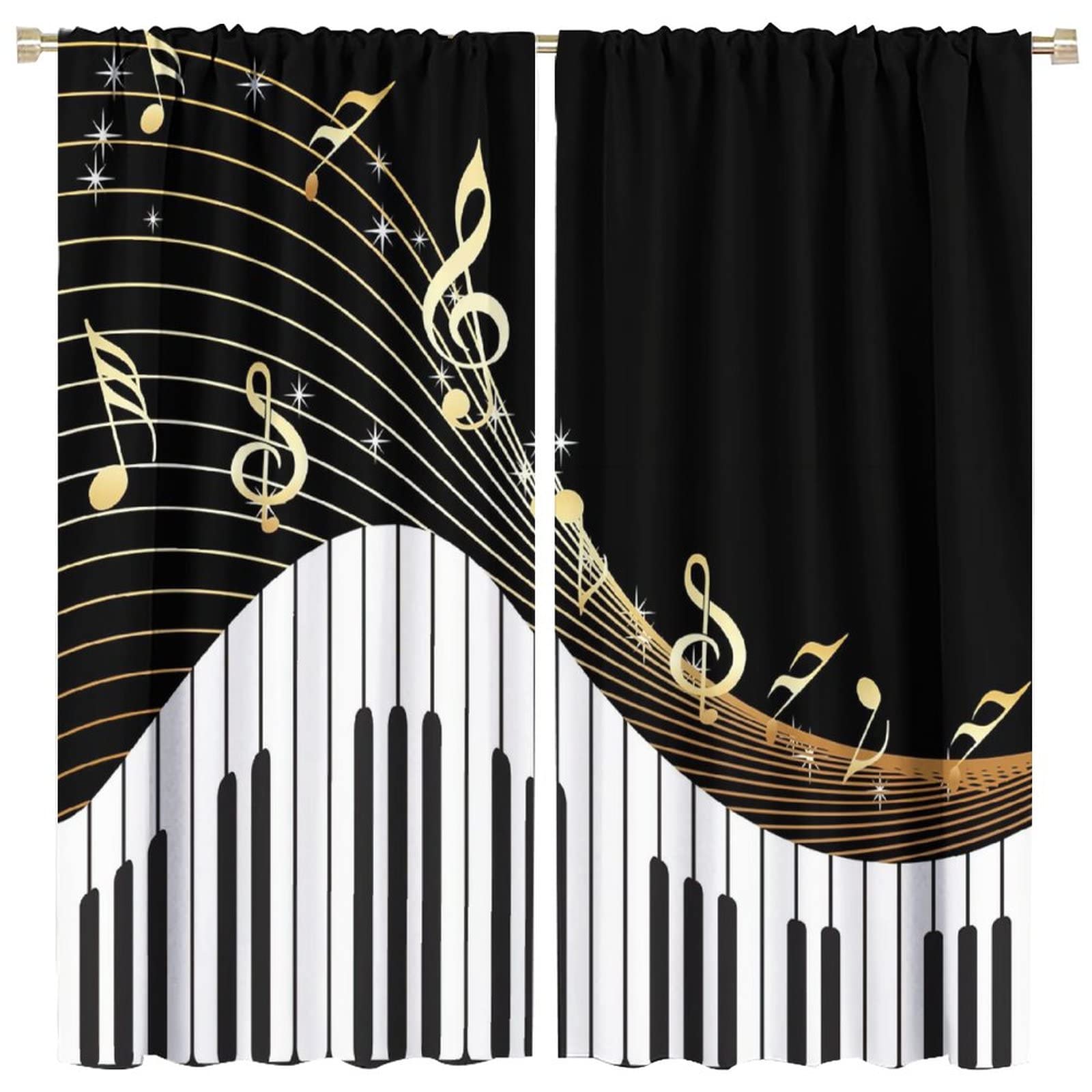 Music Note Blackout Curtains,Black White Piano Key Golden Musical Notes Room Darkening Door Window Rod Pocket Curtain for Living Room Bedroom W84xL84in