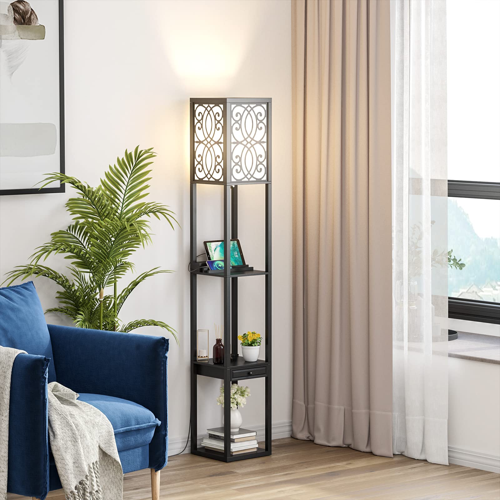 COSTWAY Lámpara de Pie con 3 Estantes y Cajón, Lámpara Moderna con 2 Puertos USB, para Salón y Dormitorio (flores)