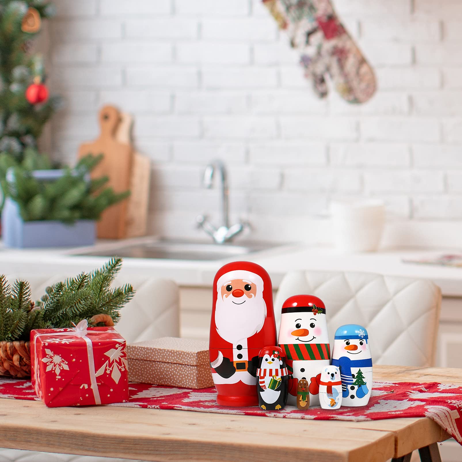 EXCEART Muñeca de Navidad de madera apilable de Navidad rusa Matryoshka muñeca de Navidad de madera nidada con Santa Claus alce muñeco de nieve oso polar pingüino para niños cumpleaños