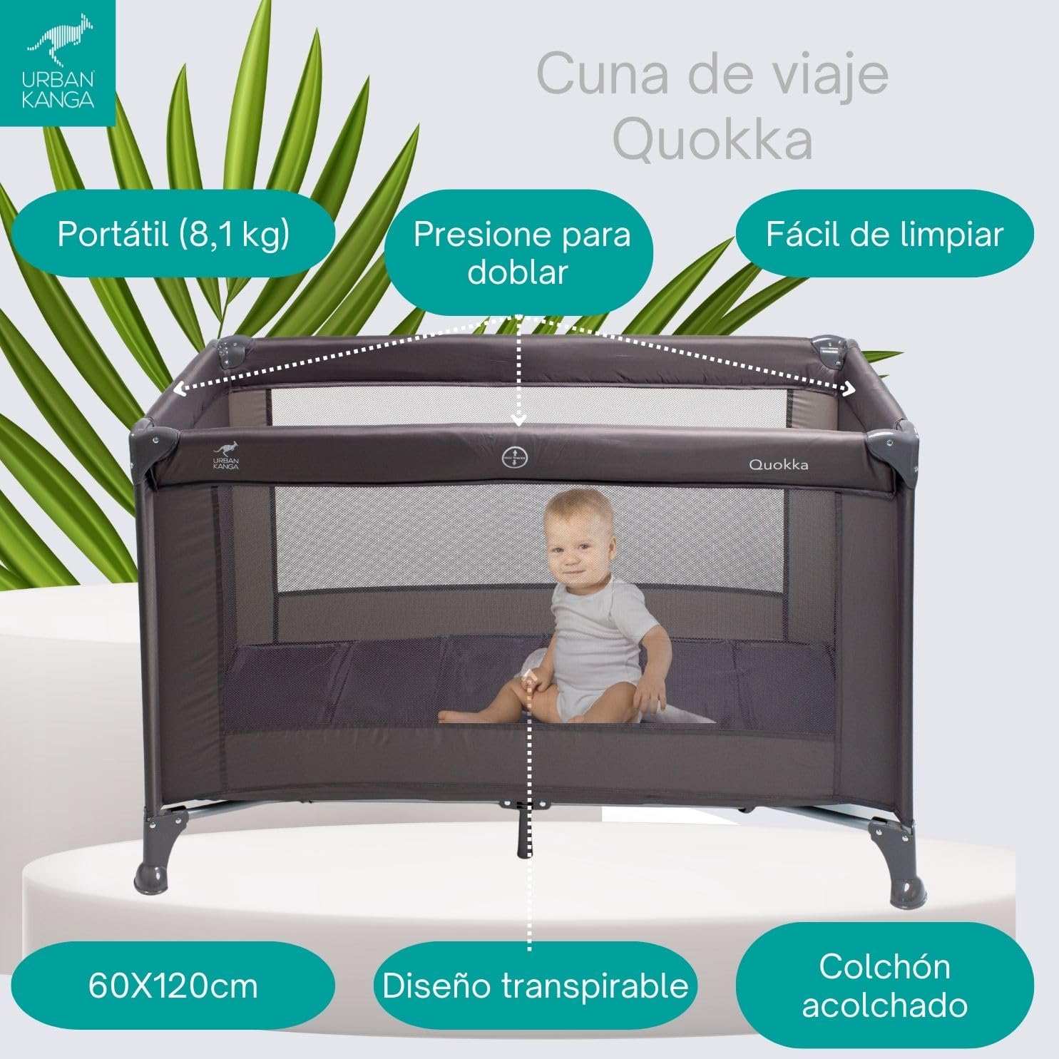 Urban Kanga QK Cuna de Viaje para Bebé con Colchón Plegable y Portátil 60x120cm (Gris, QK)