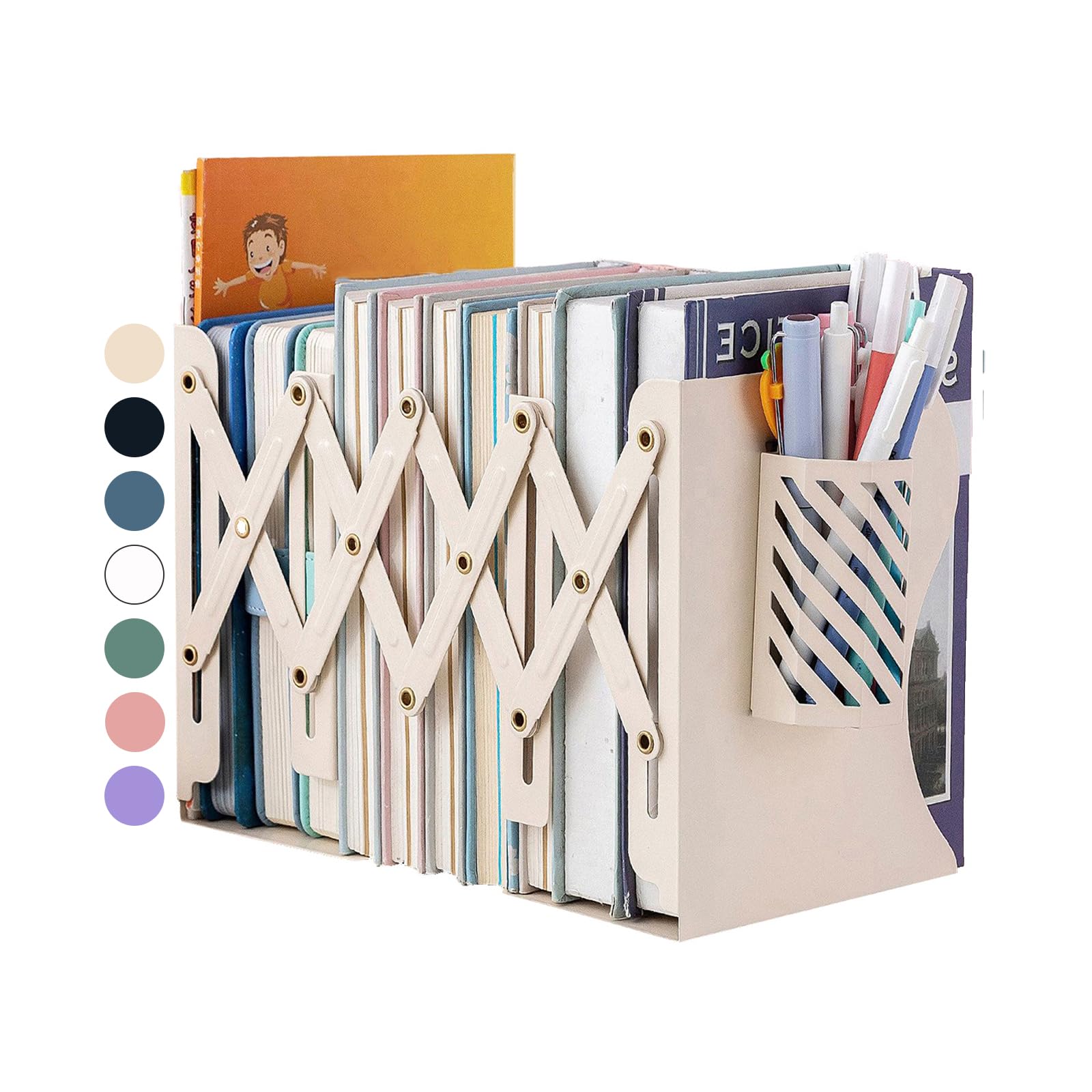 Kingsmile Book Ends, Adjustable Heavy Duty Metal Book Stoppers with Pen Holder for Desk Office Library Kids Room(Light Beige)