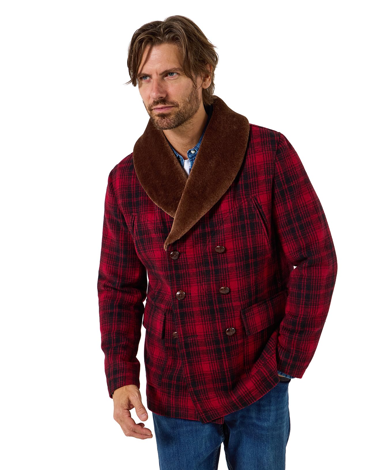 Joe Browns Men's Faux Fur Collar Double Breasted Multi-Coloured Coat, Red, XXL