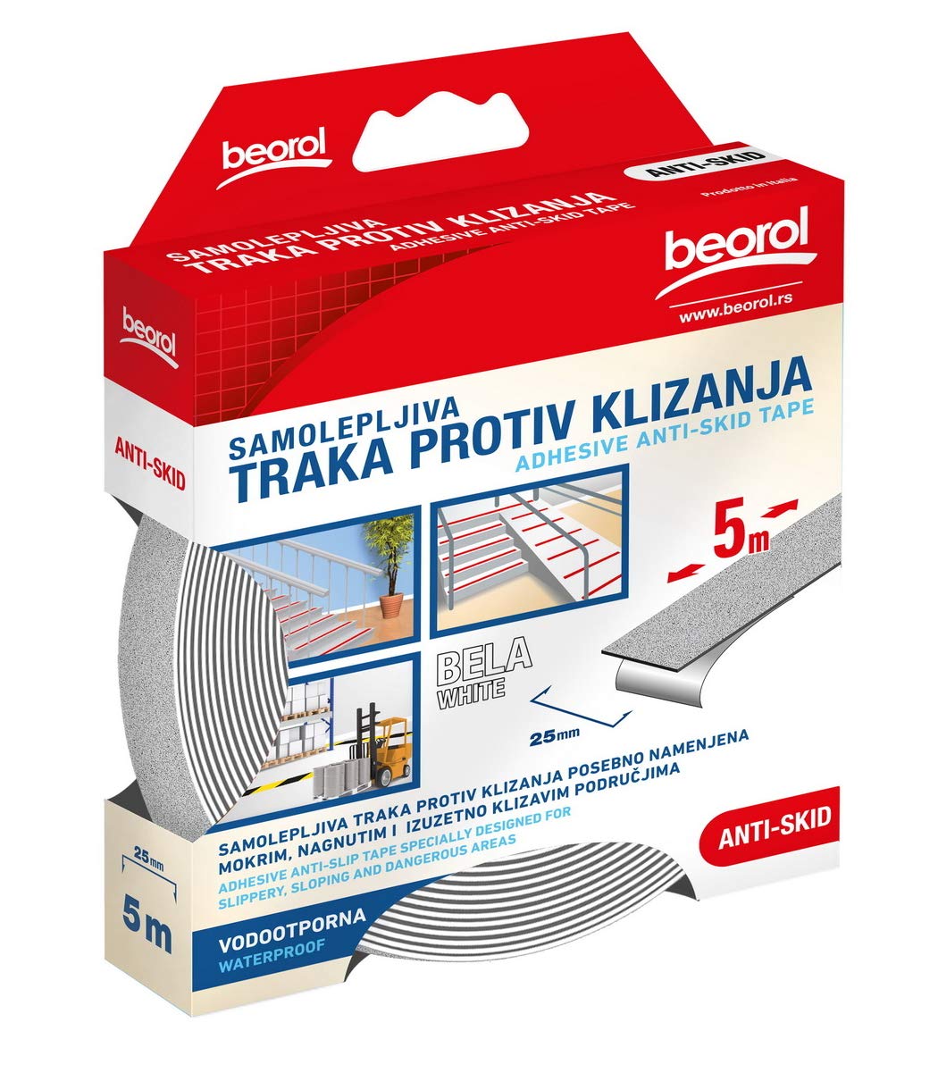 Beorol 25mm x 5 Meter Non Slip Safety Grip Tape Waterproof Anti-Slip Indoor/Outdoor Stickers Strong Adhesive Safety Traction Tape Stairs Floor (White)