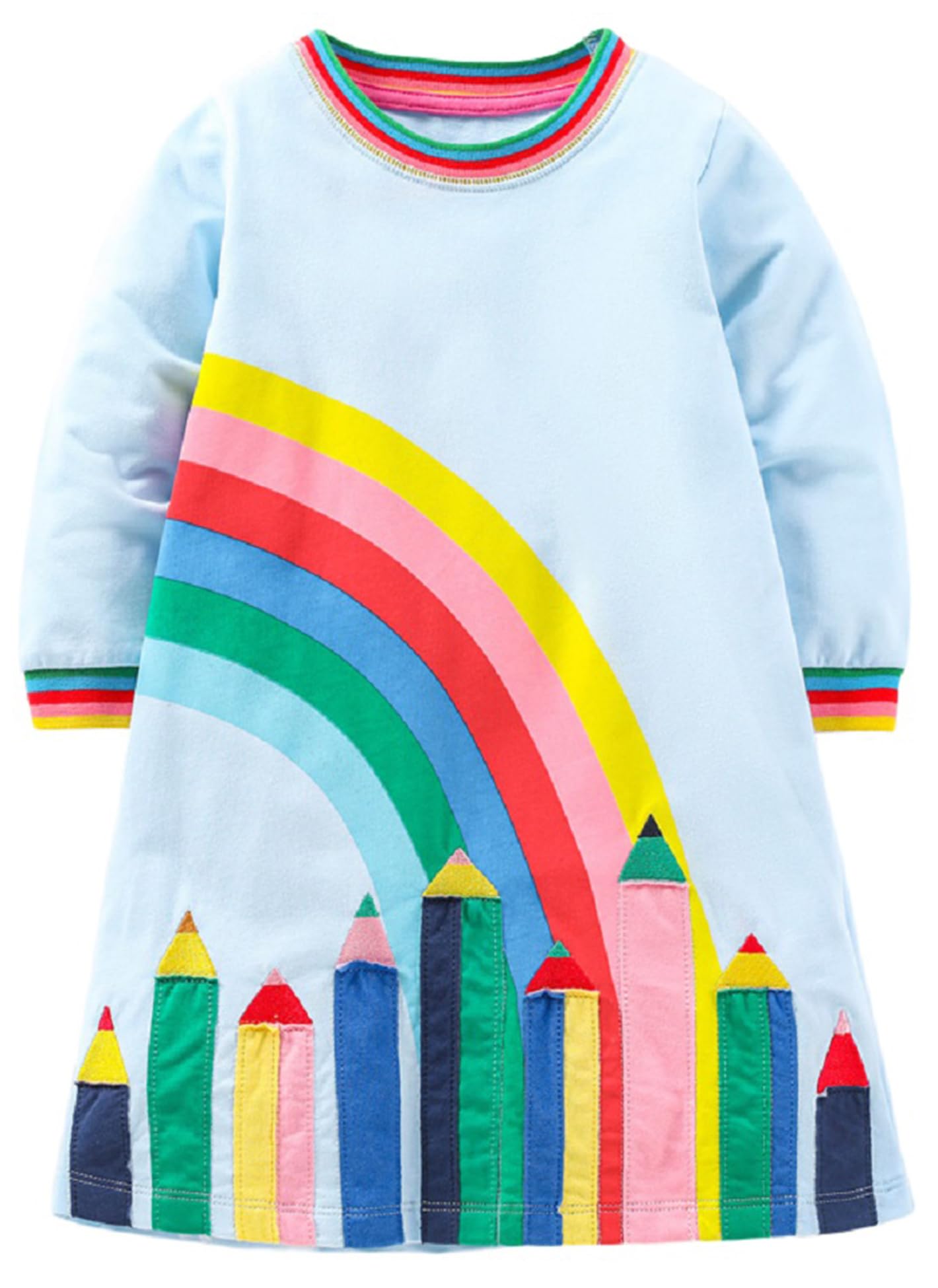 FreeLu Girls Cartoon Applique Dresses Striped Casual Dress Cotton Jersey Longsleeve T-Shirt