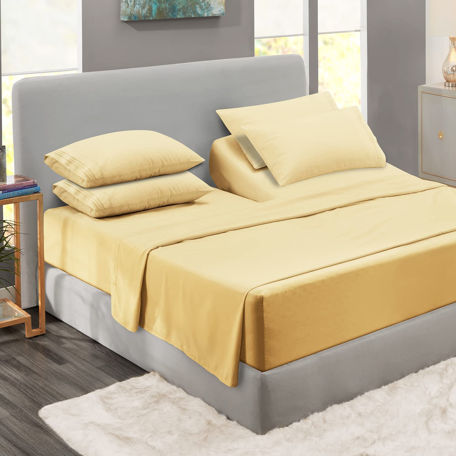 Clara Clark Flex Top King Sheets, 6 Piece Set - Hotel Luxury Sheets for Top Split King Bed, Super Soft Bedding Set, Head Split King Mellow Yellow Mellow Yellow Flex Top King