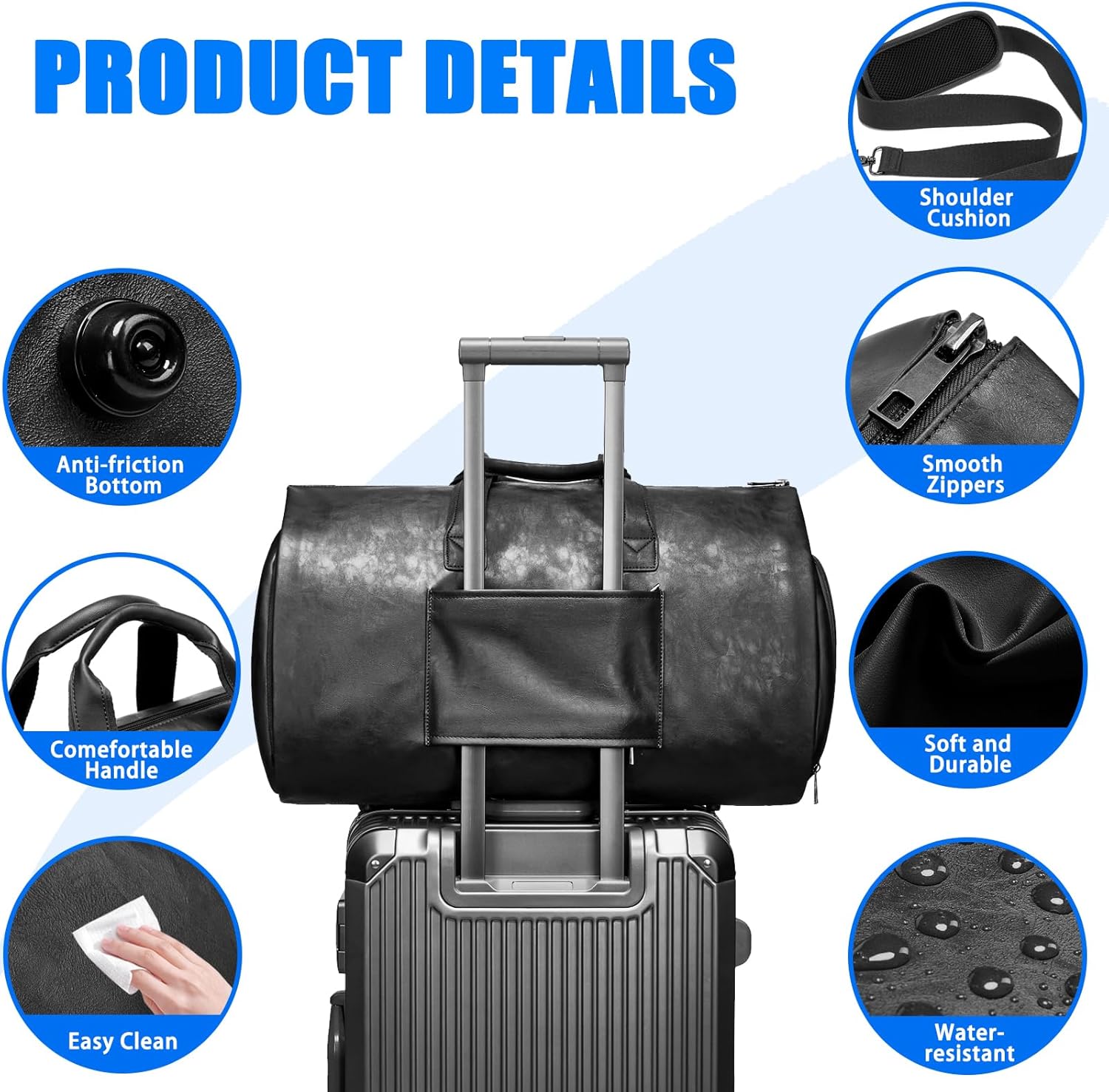 Leather Garment Bag，Convertible Garment Duffel Bag for Travel Mens Suit Bag 2 in 1 Waterproof Foldable Carry on Garment Bag with Shoulder Strap Weekender Bag with Shoe Pouch - Image 5