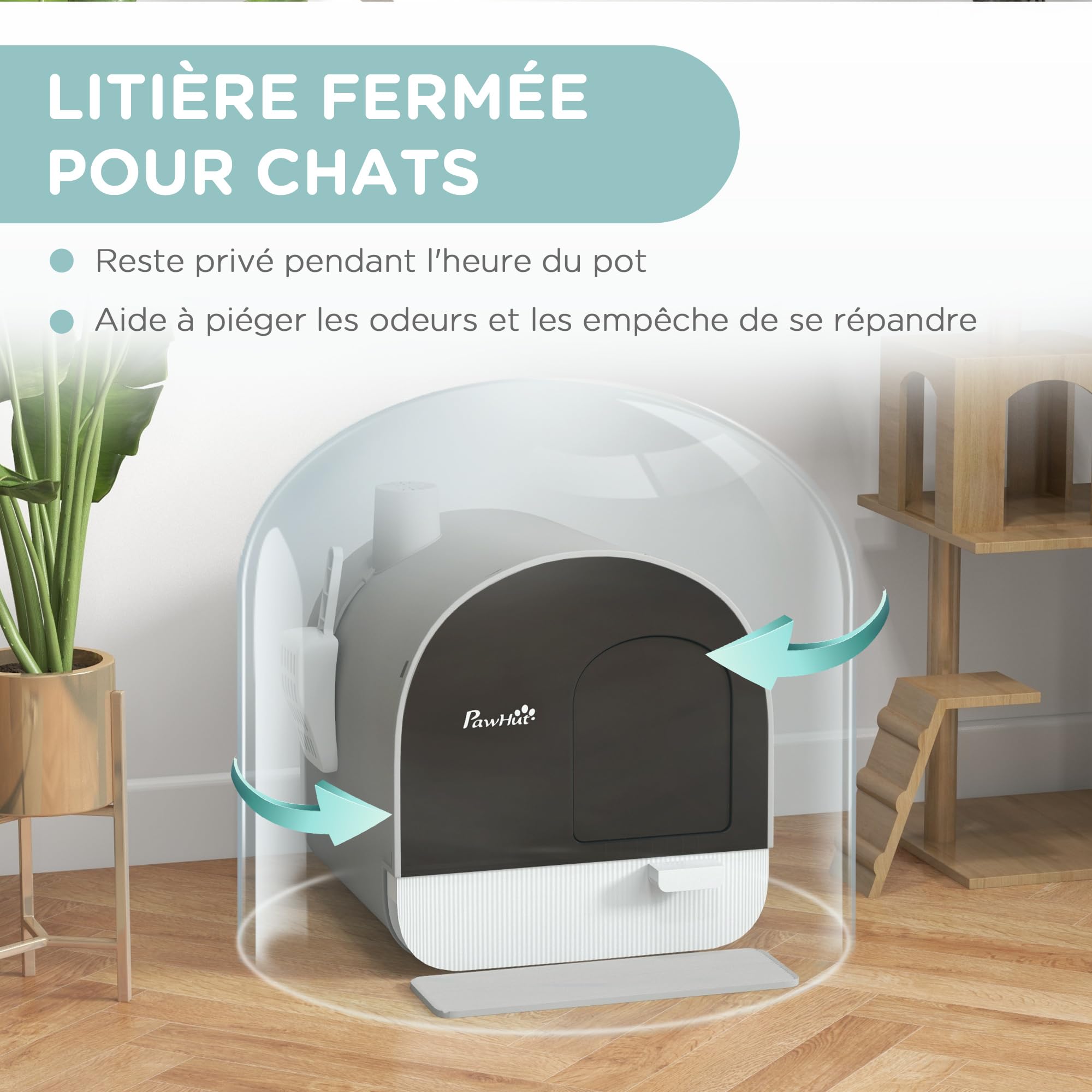 PawHut Bac à litière pour Chat Maison de Toilette pour Chat avec Porte battante, Pelle et Filtre Inclus dim. 43L x 44l x 47H cm - Gris