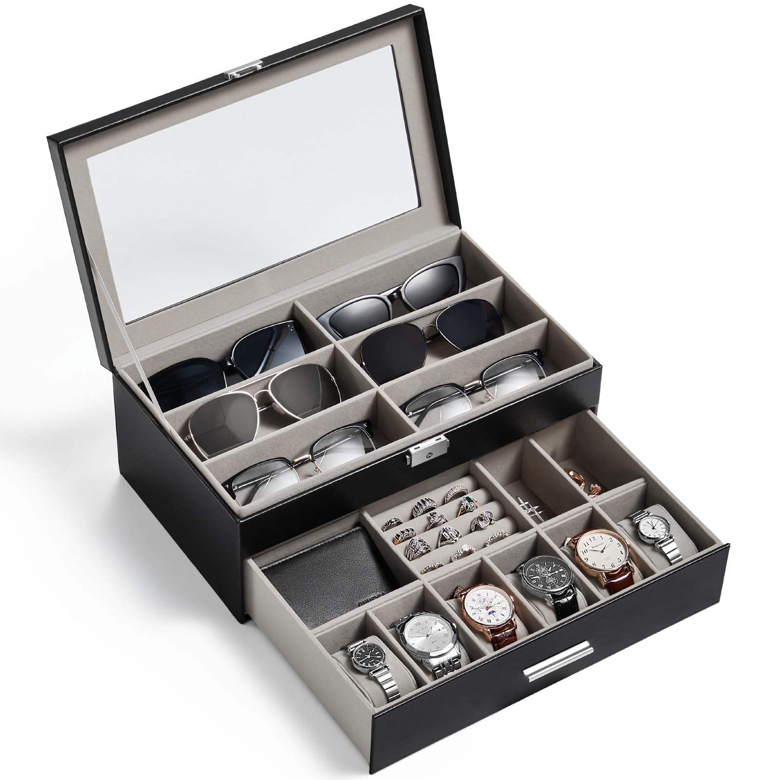Lifewit Organizador Gafas de Sol, Expositor Gafas, Caja Relojes con Tapa de Cristal, Joyero Hombres para Llaves, Tarjeteros, Anillos, Broches, Regalos Hombre y Mujer, 35 x 21cm, Negro