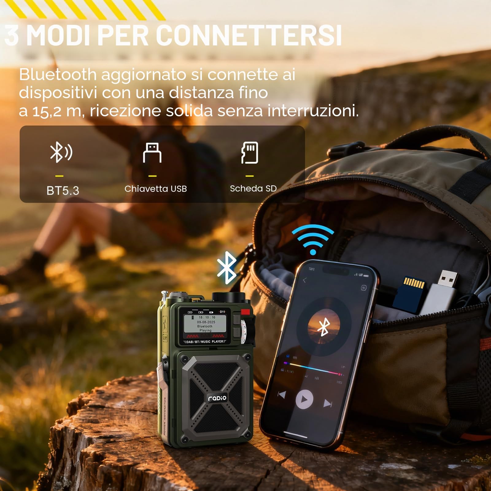 Radio portatile DAB/DAB+ e FM con Bluetooth 5.3, radio solare, radio a manovella ricaricabile con SOS, torcia, jack per auricolari, scheda SD, USB, 4000 mAh di emergenza Wind up Radio