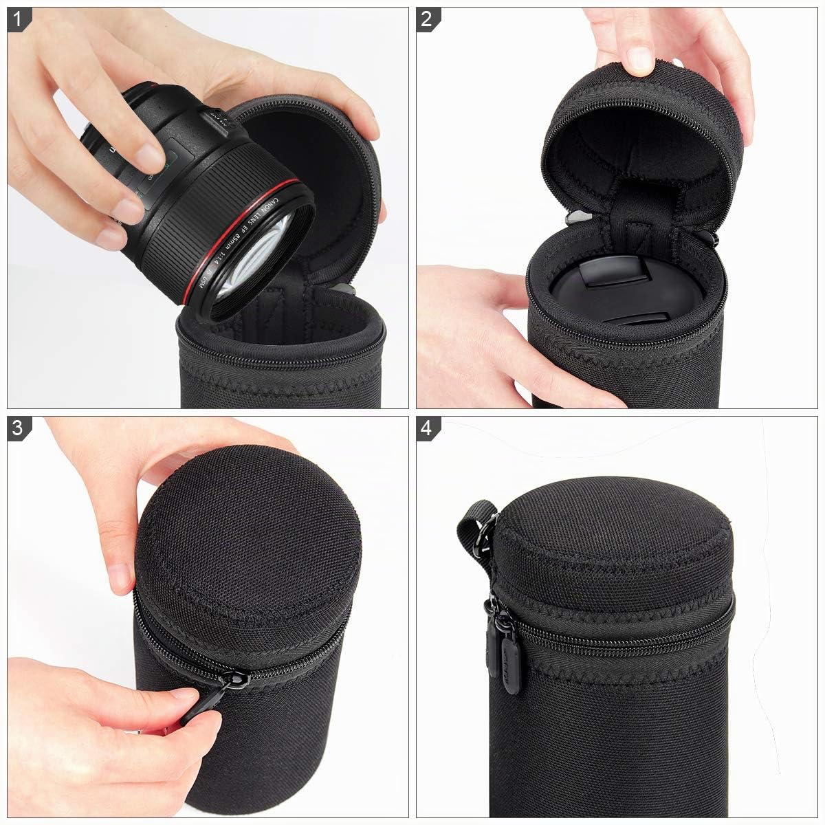 Arvok Objektivtasche, 4 Größen Neopren Objektivbeutel, wasserdichte Schutzbeutel für Kamera Objektiv, 5mm Dicke Wasserabweisend und Stoßdämpfend für DSLR-Kameraobjektiv, Schwarz & Grau