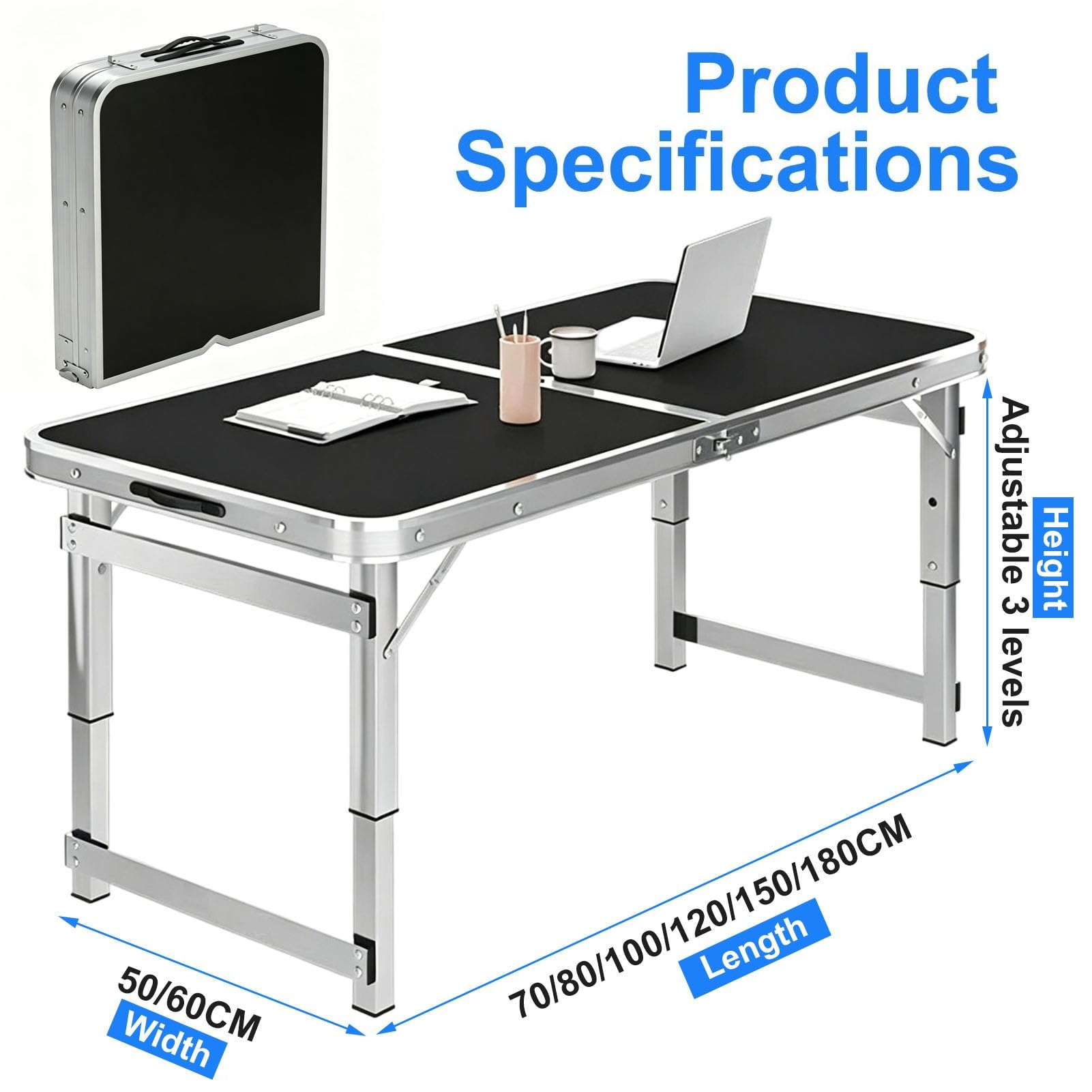 Tavolo pieghevole resistente – Tavolo portatile in alluminio da campeggio e picnic, piano in MDF con maniglia per il trasporto, tavolo da lavoro per interni ed esterni