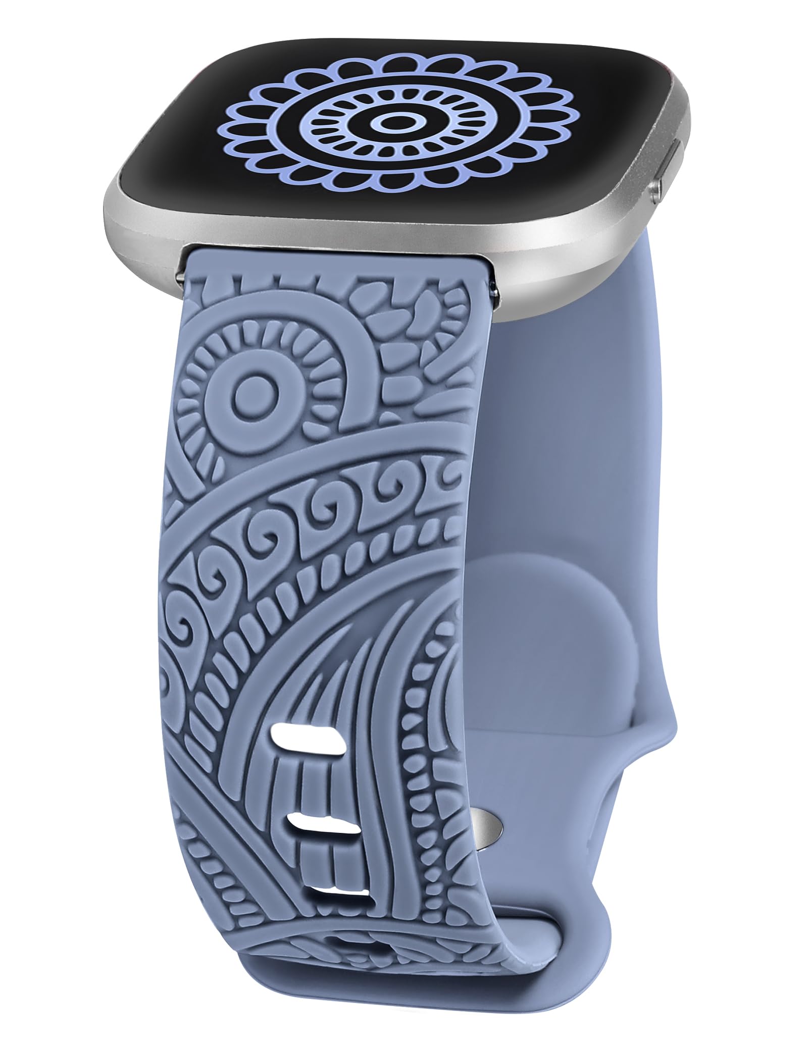 Compatible With Fitbit Versa/Versa 2 Floral Engraved Sport Solo Loop Band, Cute Fashion Boho Flower Silicone Sport Strap Soft Breathable Waterproof Wristband for Versa Lite/SE