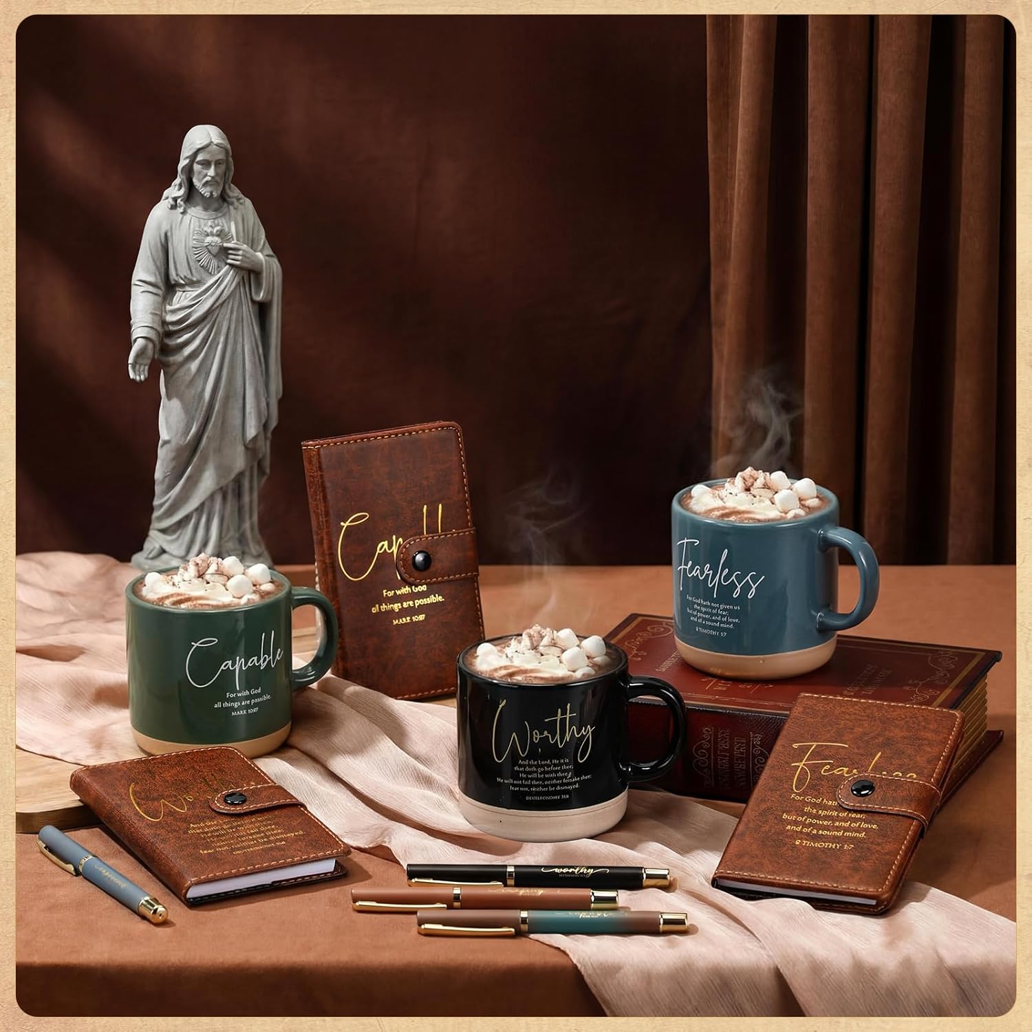 18 Pcs Christian Gift Set for Women Men, 13oz Bible Verse Ceramic Coffee Mugs with Leather Journal Pen Inspirational Religious Gifts for Office Coworkers Pastor Church (Bible,Neutral Brown)