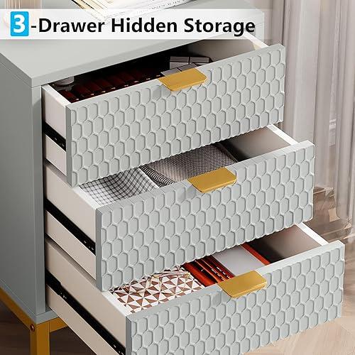 Miniatura 12 de LITTLE TREE Mesita de noche moderna con 3 cajones, color blanco dorado, mesa auxiliar con almacenamiento para dormitorio, sala de estar Blanco y