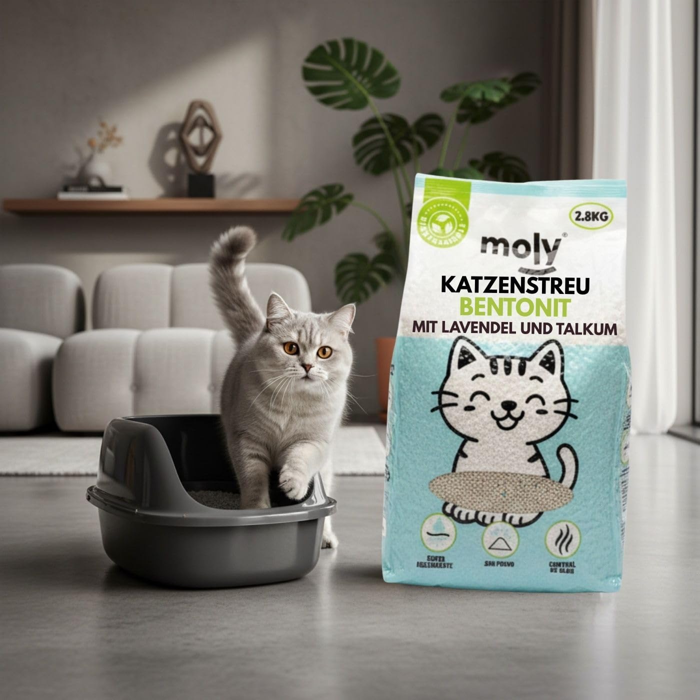 MOLY X3 Bentonit-Katzenstreu mit Aktivkohle, 8,4 kg, 11,1 l, hohe Absorption, Bindemittel mit Lavendel- und Talkum-Duft, vollständige Geruchskontrolle, staubfrei, hygienisches Premiummineralbett