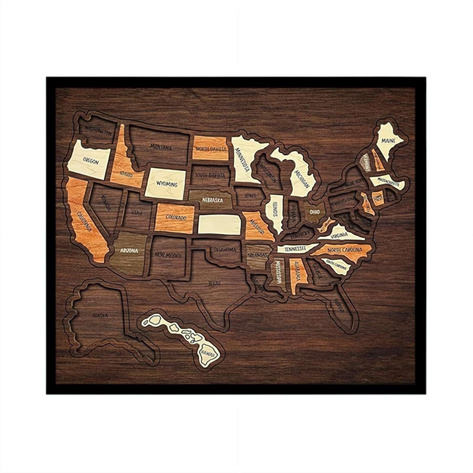 Wooden USA Travel Map Puzzle, 50 States Travel Track for Couples and Families, Pin Board with Sticker & Stand Holder for Home Wall Art Decor