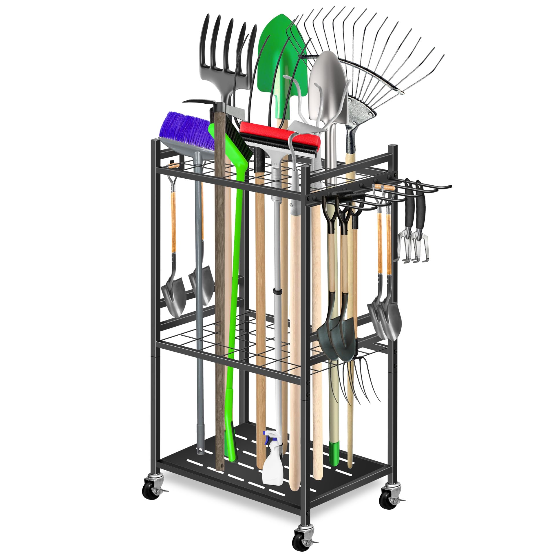 Mimoke Scaffale da giardino per attrezzi con ganci mobili e ruote con bloccaggio – Facile ordinamento degli accessori da giardino, garage grazie alle ruote girevoli a 360°