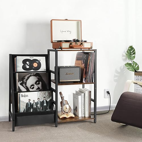 Miniatura 7 de Bikoney Soporte para tocadiscos con toma de corriente, soporte para tocadiscos con almacenamiento de discos de vinilo de 3 niveles, mesa para