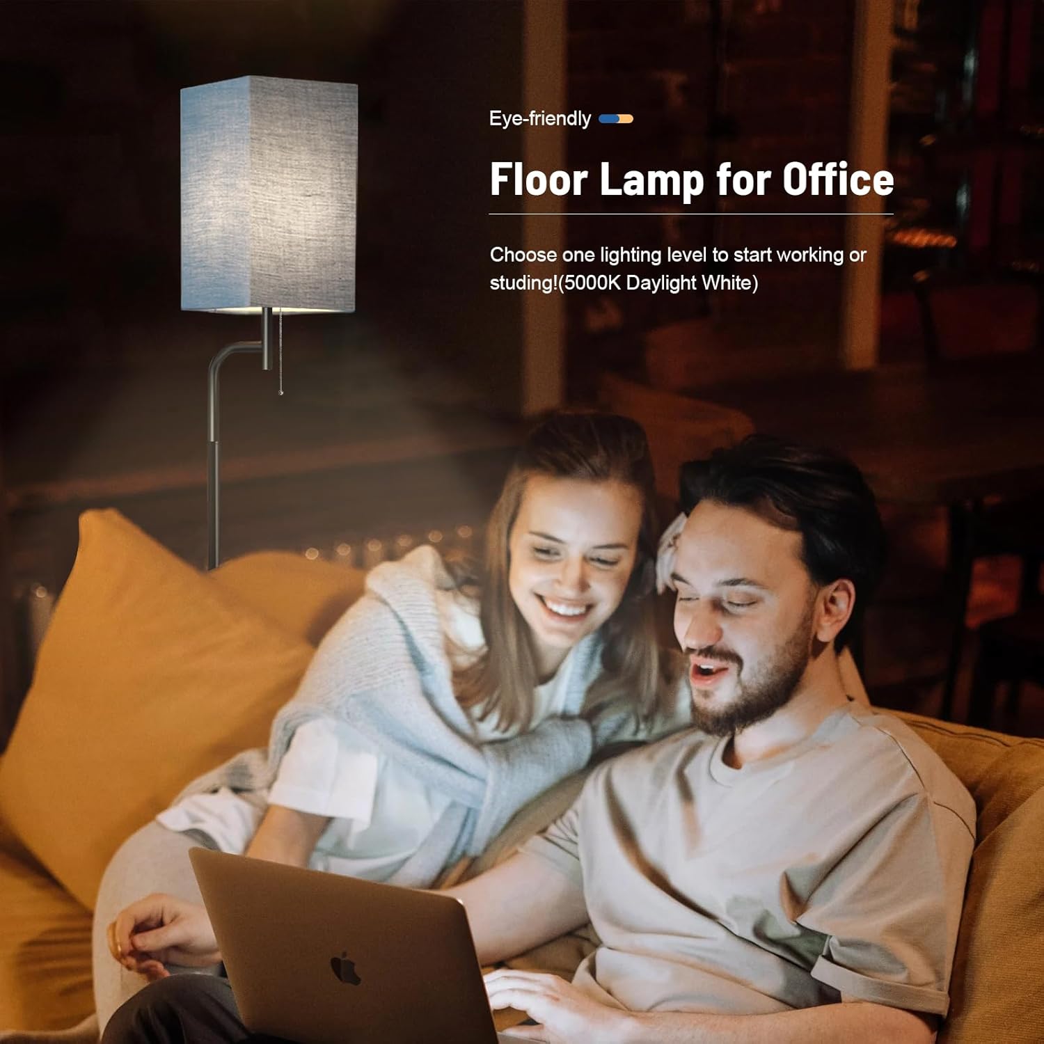 Floor Lamp for Living Room, 3 Color Temperatures Modern Standing Tall Lamps for Bedroom, Elegant Linen Shade, Minimalist Stand Up Pole Lamp for Office Kids Room Reading, Blue