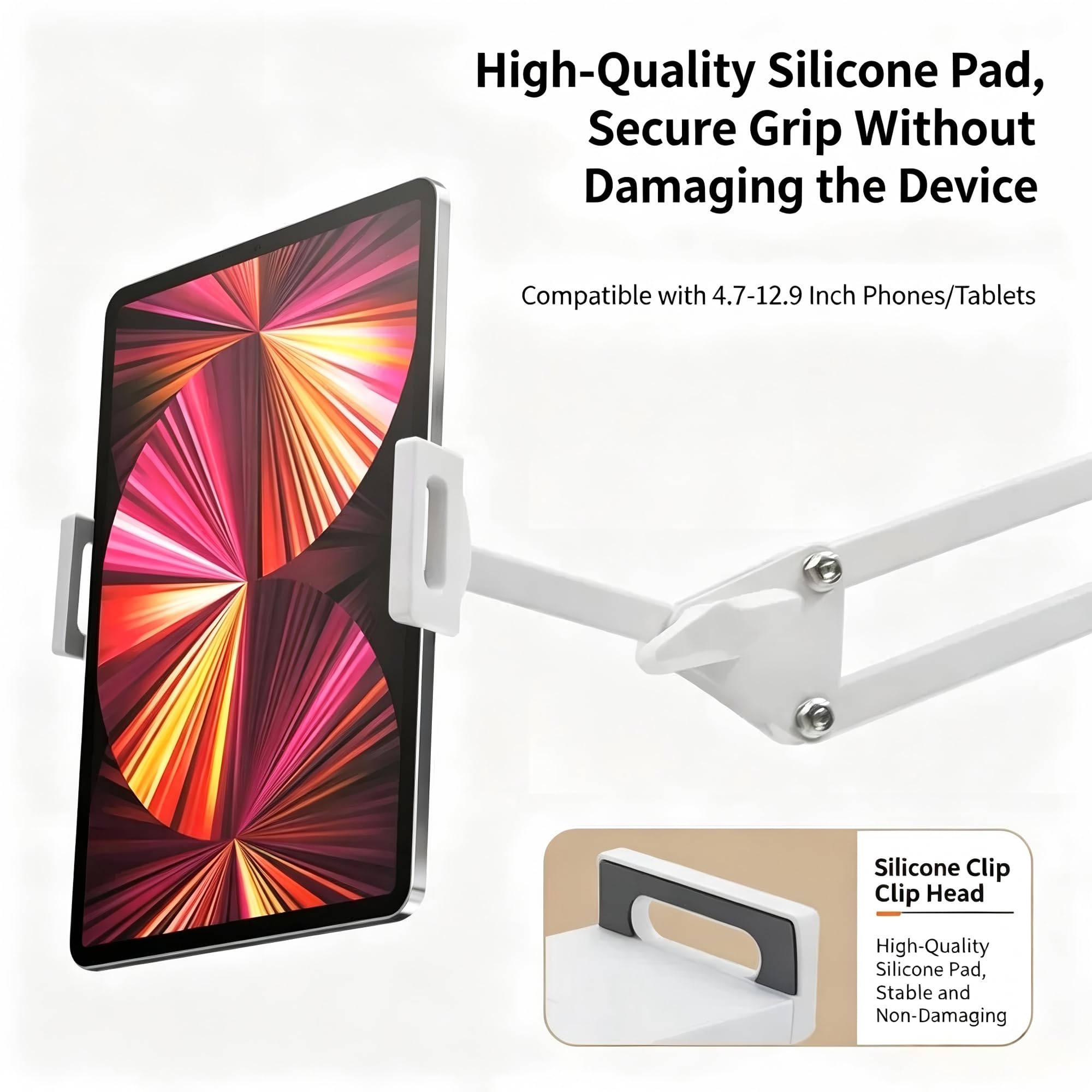 Supporto per Tablet da Pavimento [Altezza&Angolo Regolabili] 360° Rotazione Supporto in metallo Regolabile Base Resistente per iPad Pro o altri dispositivi da 4,7-12,9 pollici (Bianco)