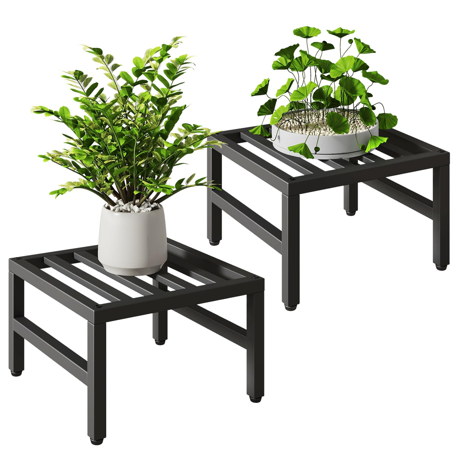 IBUYKE 2 Pezzi Supporto per Piante in Metallo per Interno Esterno, 30cm Supporto per Vasi di Fiori Piccole, Moderno Quadrato Scaffale per Piante e Fiori per Balcone Giardino, Nero TMJ075B-2