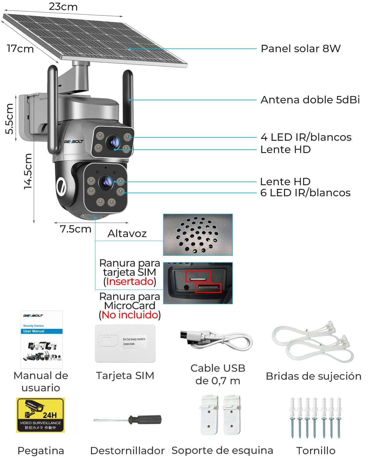 GENBOLT 2K 4G Solar Cámara Vigilancia Exterior Inalámbrica, AOV Grabación 24/7 3MP+3MP Cámara IP Seguridad Exterior con Detección de IA de Tarjeta SIM Batería 14400mAh 8W, CCTV Cámaras Seguridad
