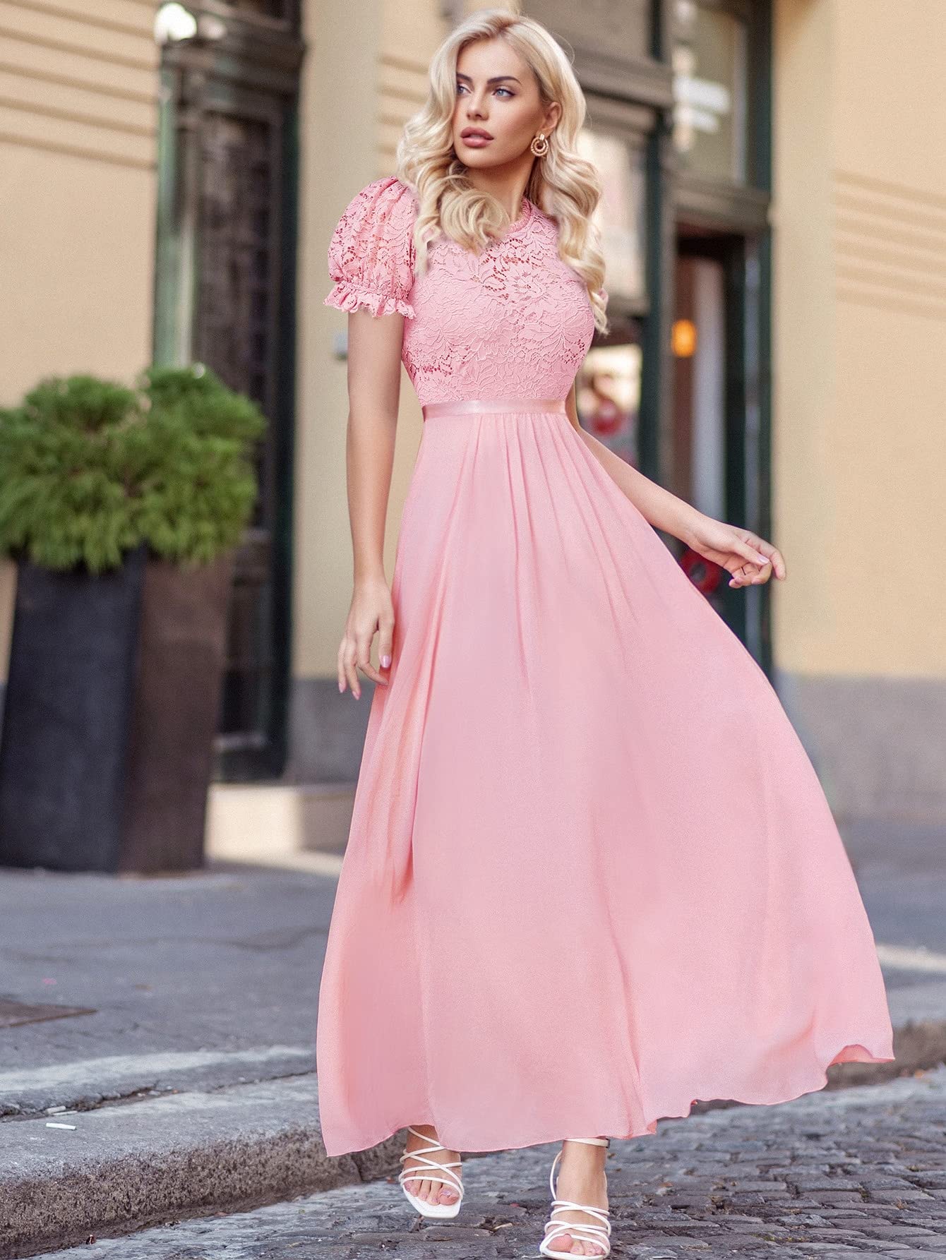 Amazon.com: TLULY Dress for Women Puff Sleeve Maxi Chiffon Lace 