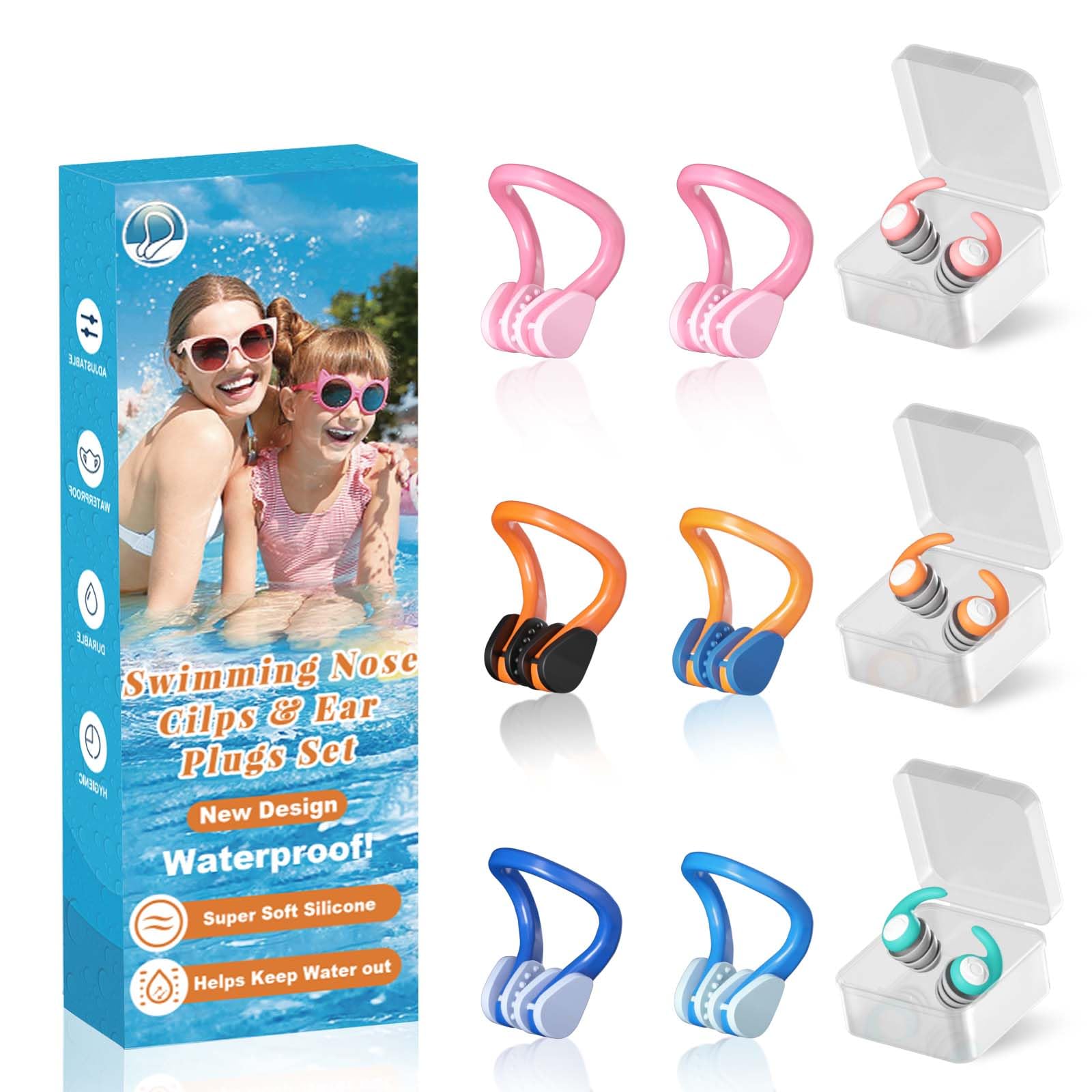 Pinza Nariz Natación Silicona Impermeable + Tapones Oídos Para Niños y Adultos – Accesorios Piscina con Caja Almacenamiento Reutilizable