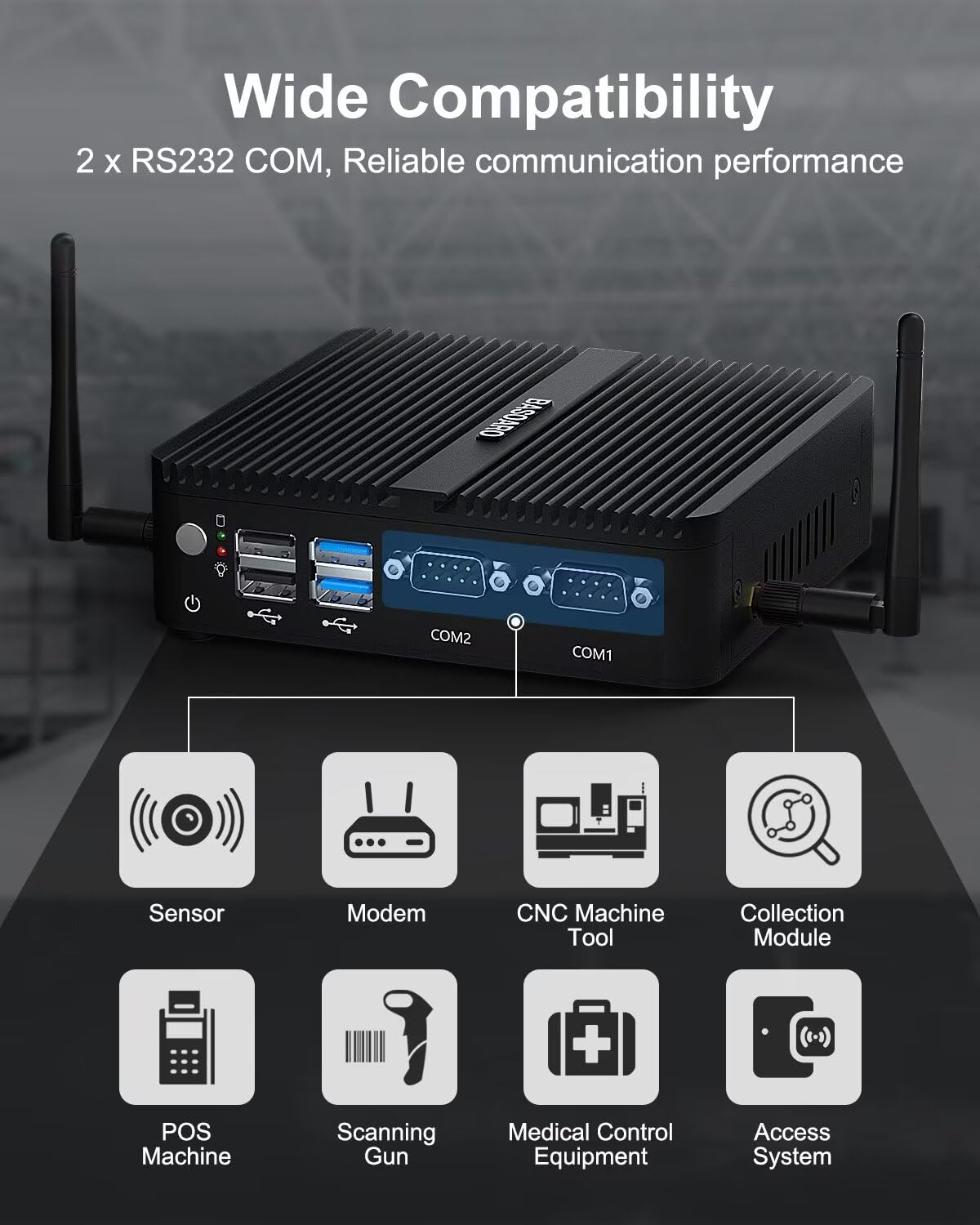 BASOARO PC Industriale Fanless J5005 Mini Computer, 8GB RAM 128GB SSD, Gigabit Ethernet, Doppio Display HD VGA, 2 RS232 COM, WiFi Dual Band, BT, Win 11 Pro