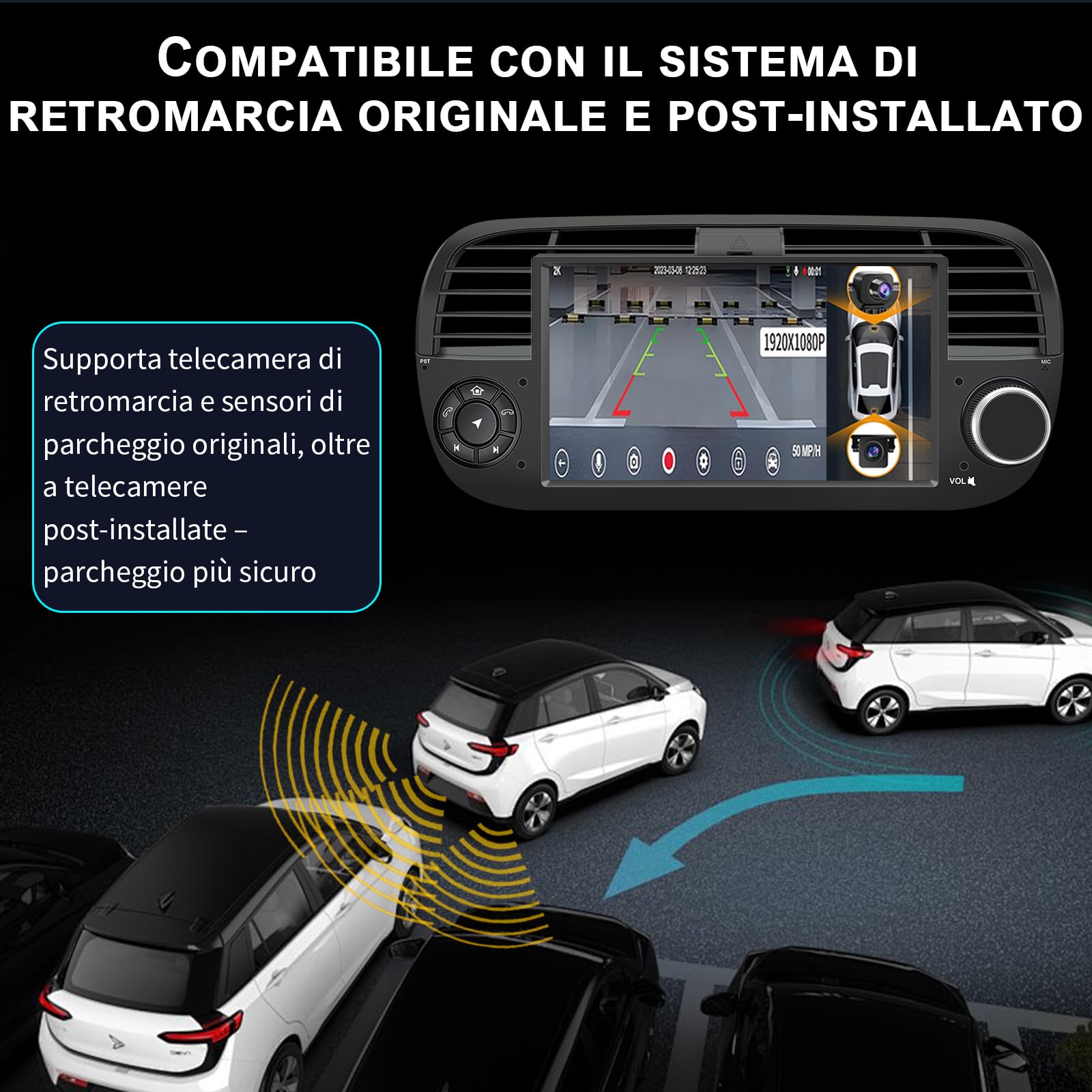 Autoradio Android 14 per Fiat 500C 2007–2015 7" Touchscreen IPS | Navigatore GPS | Wireless CarPlay Android Auto | Bluetooth 5.0 | DSP DAB+ WiFi USB OBD2 | Stereo 1 DIN con Canbus