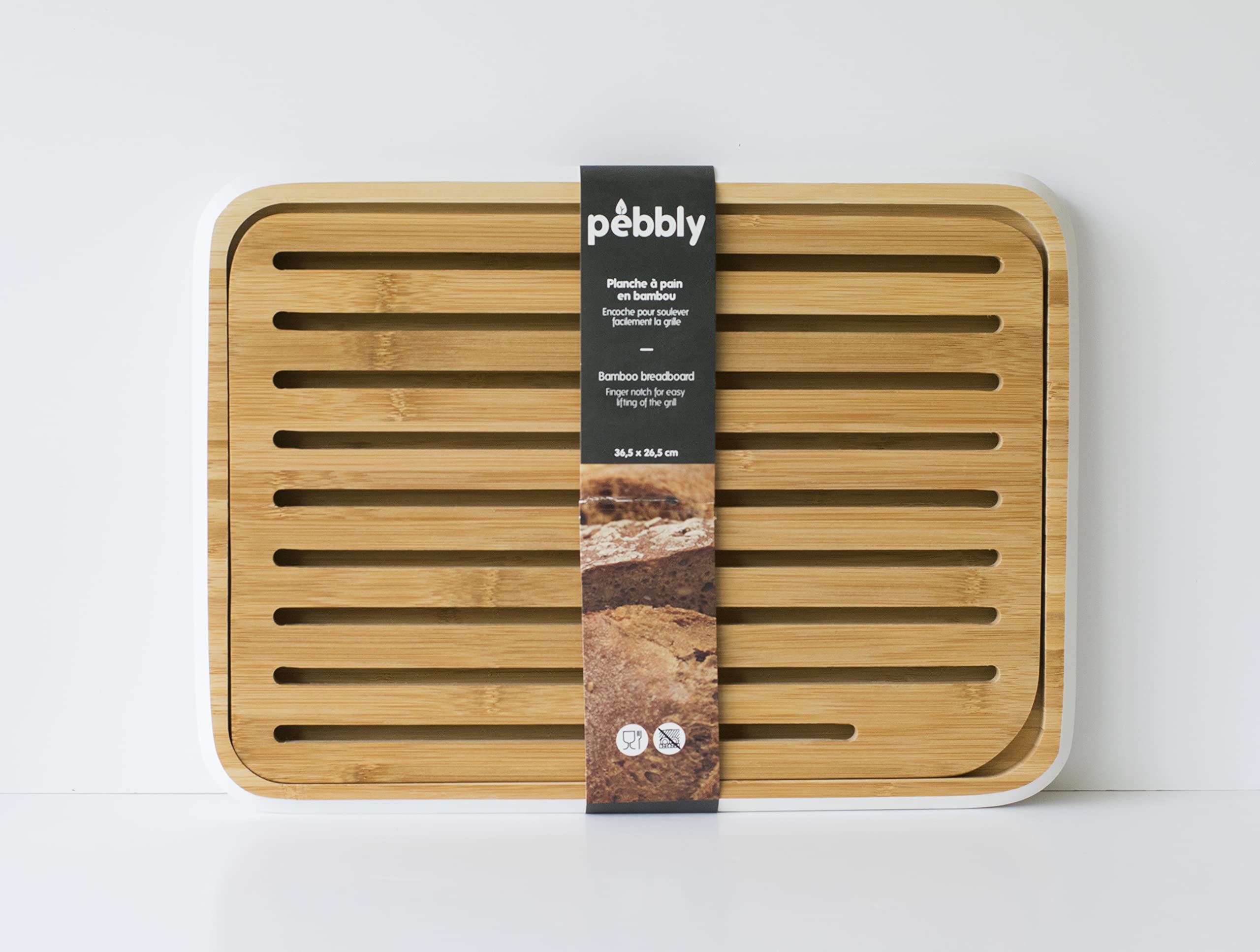 Pebbly - Grande Planche à Pain Blanche en Bambou Naturel - 36 x 26 cm - Avec Grille Amovible - Matériau Naturel et Résistant | Découpe et Nettoyage Facile, Grille Amovible, Planche Esthétique pour Cuisine